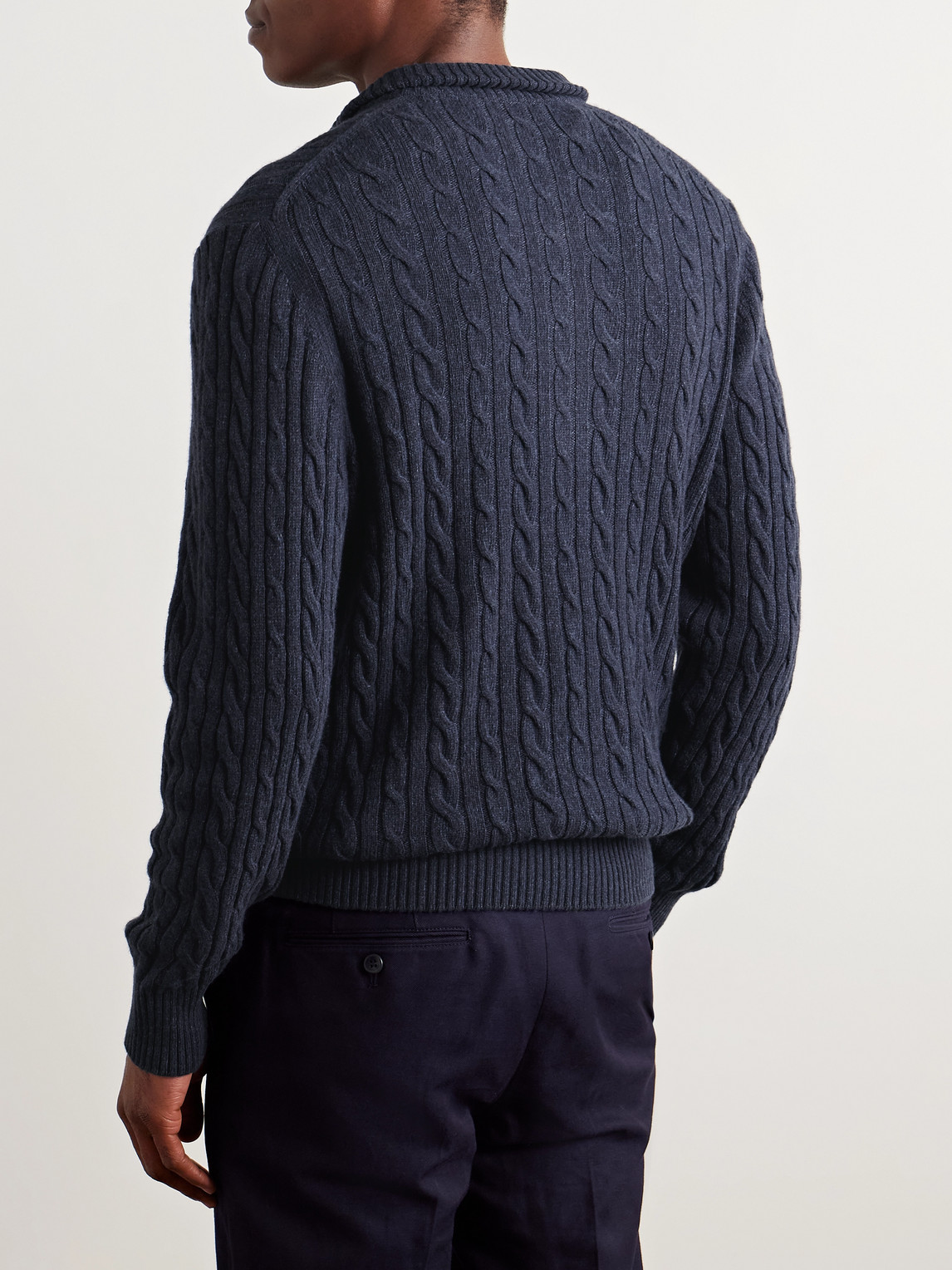 Loro Piana Slim-fit Suede-trimmed Cable-knit Baby Cashmere Half-zip Sweater In Blue