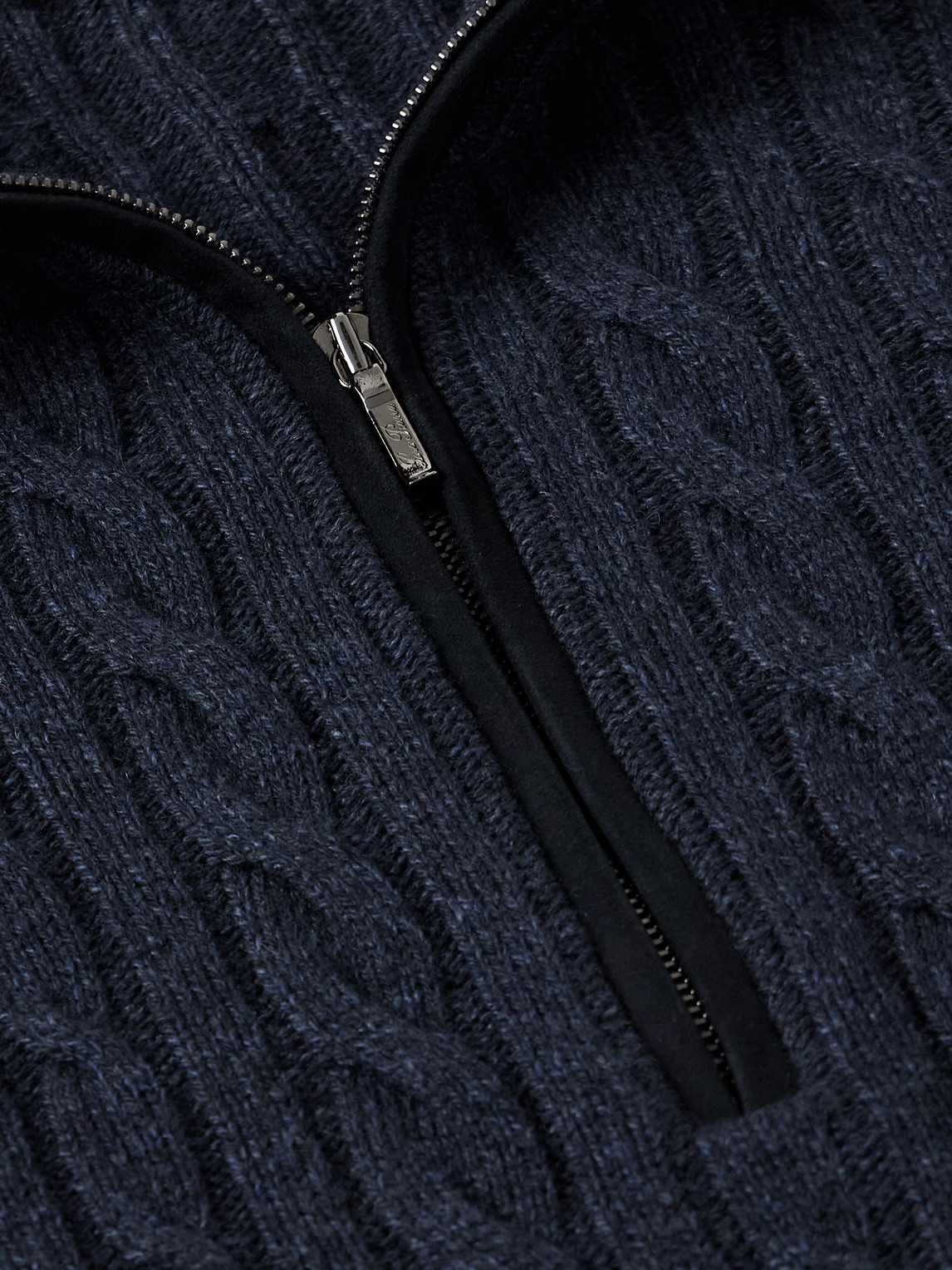 Loro Piana Slim-fit Suede-trimmed Cable-knit Baby Cashmere Half-zip Sweater In Blue