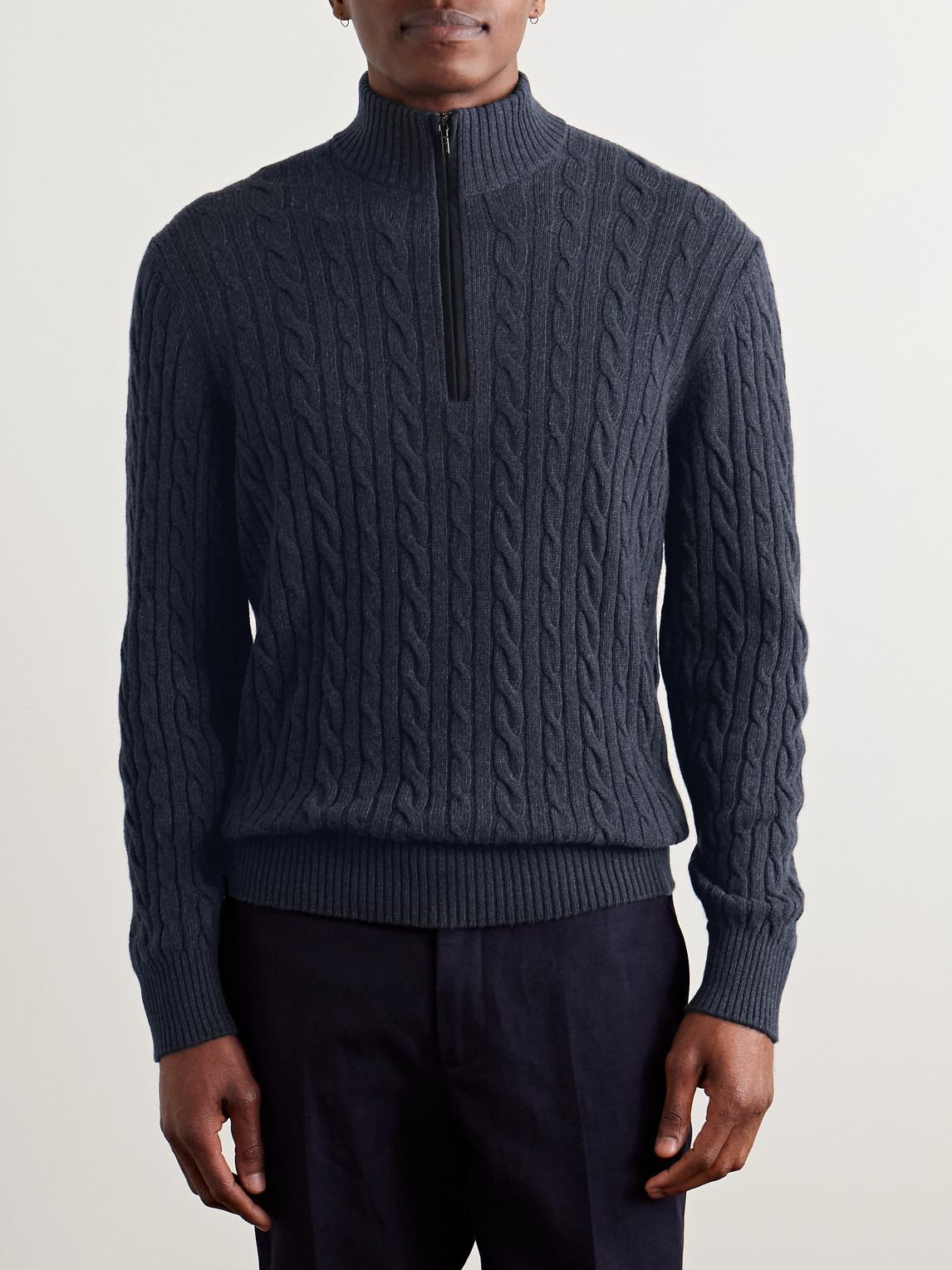 Loro Piana Slim-fit Suede-trimmed Cable-knit Baby Cashmere Half-zip Sweater In Blue