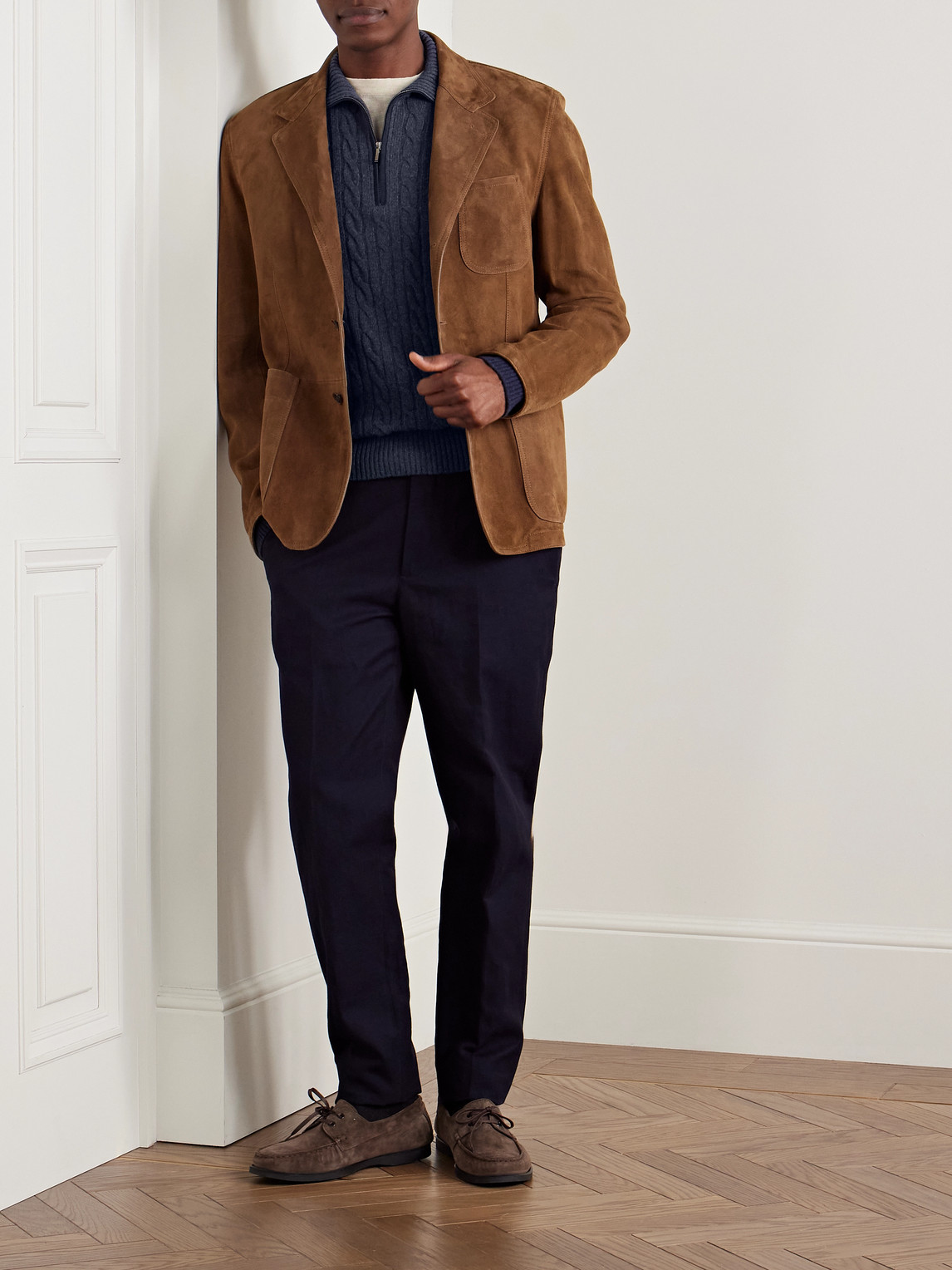 Loro Piana Slim-fit Suede-trimmed Cable-knit Baby Cashmere Half-zip Sweater In Blue
