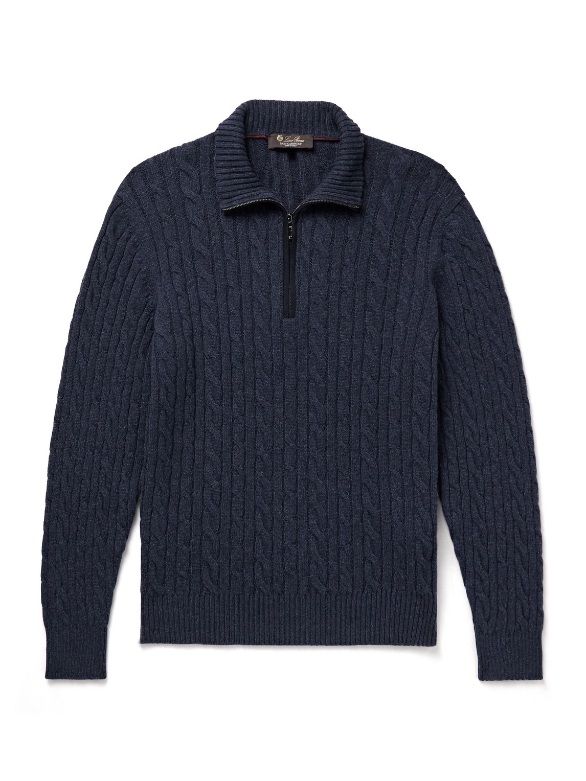 Loro Piana Slim-fit Suede-trimmed Cable-knit Baby Cashmere Half-zip Sweater In Blue