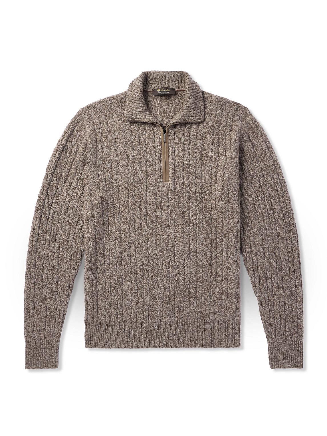 Loro Piana Suede-trimmed Cable-knit Baby Cashmere Half-zip Sweater In Brown
