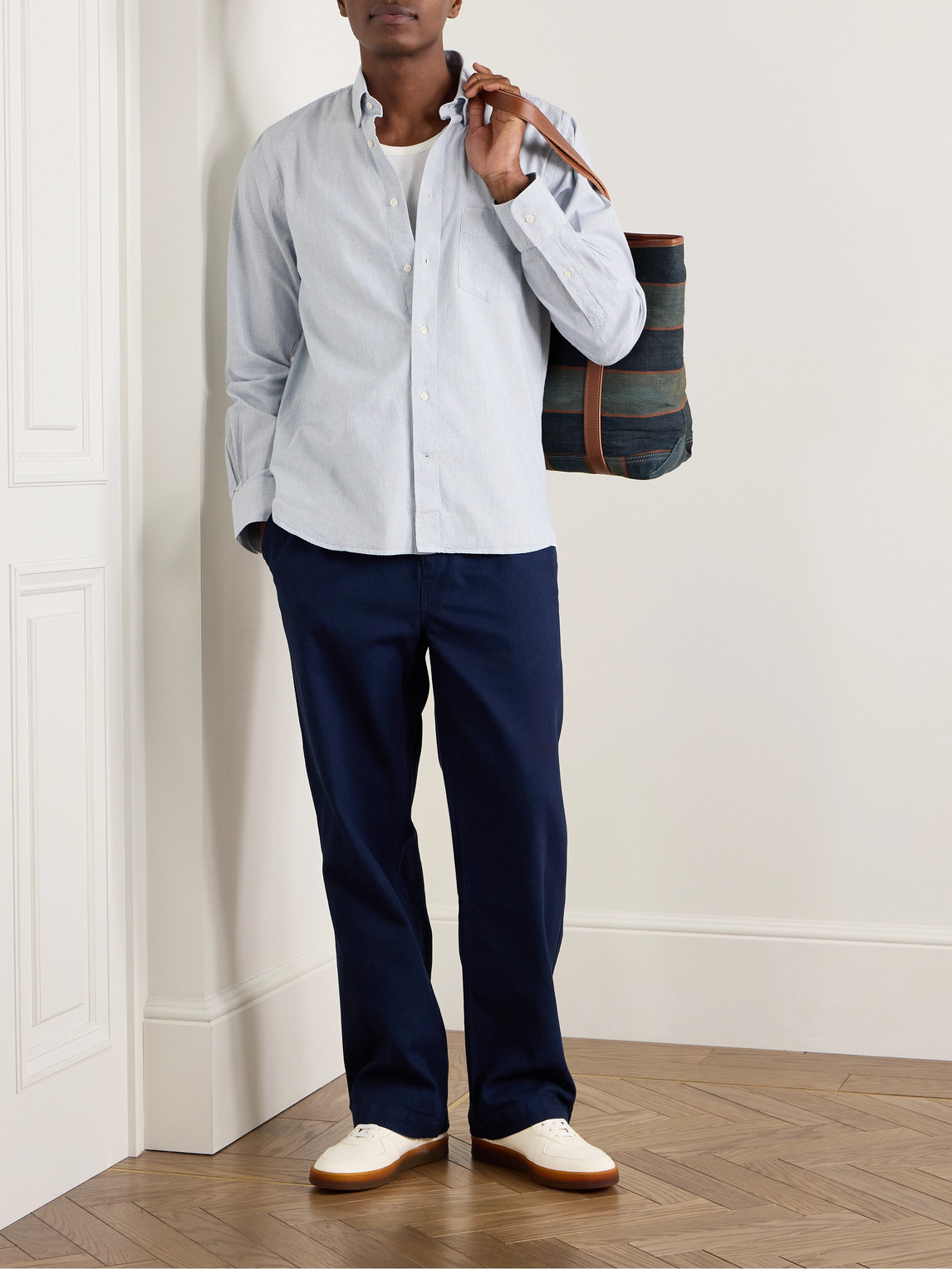 Shop Officine Generale Bart Button-down Collar Pinstriped Cotton Oxford Shirt In Blue