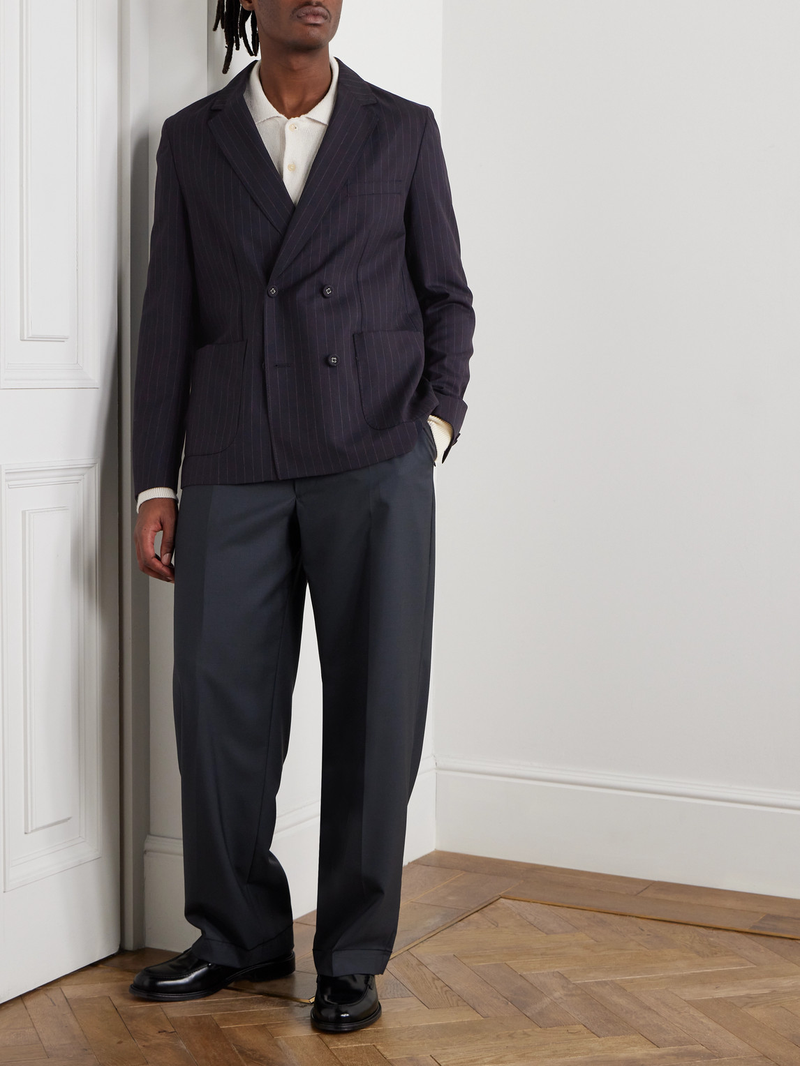 OFFICINE GENERALE LEON DOUBLE-BREASTED PINSTRIPED WOOL SUIT JACKET