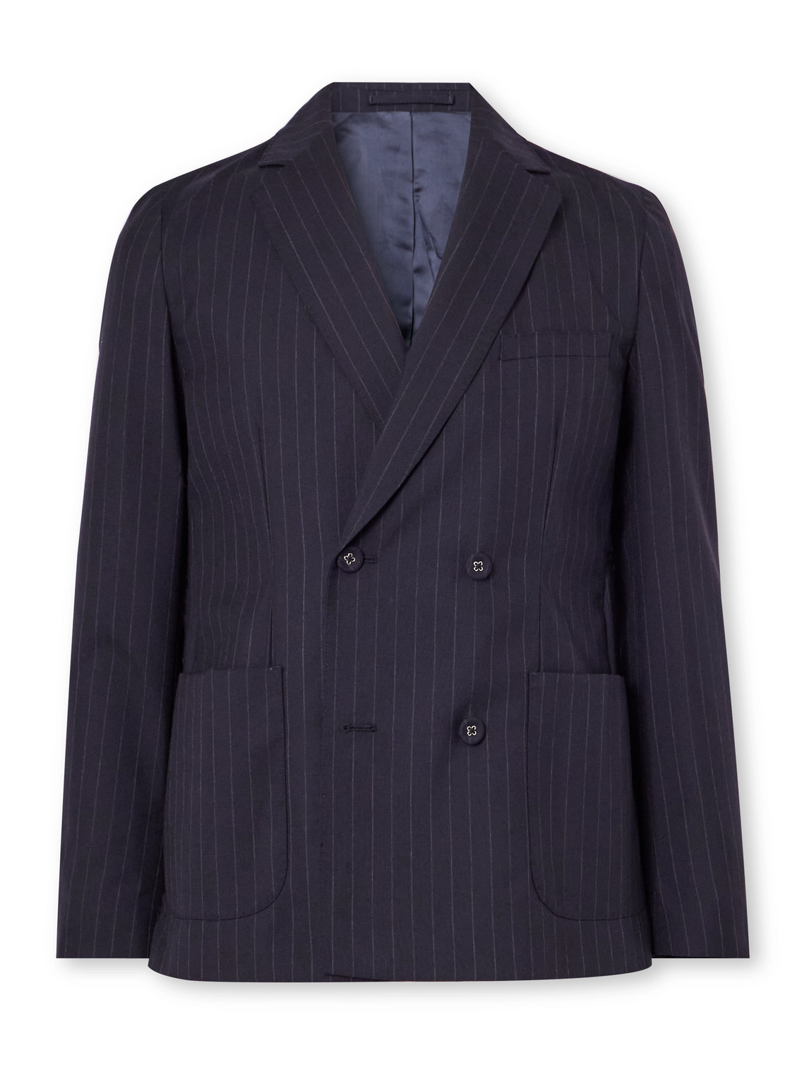 Officine Generale Leon Double-breasted Pinstriped Wool Suit Jacket In Blue