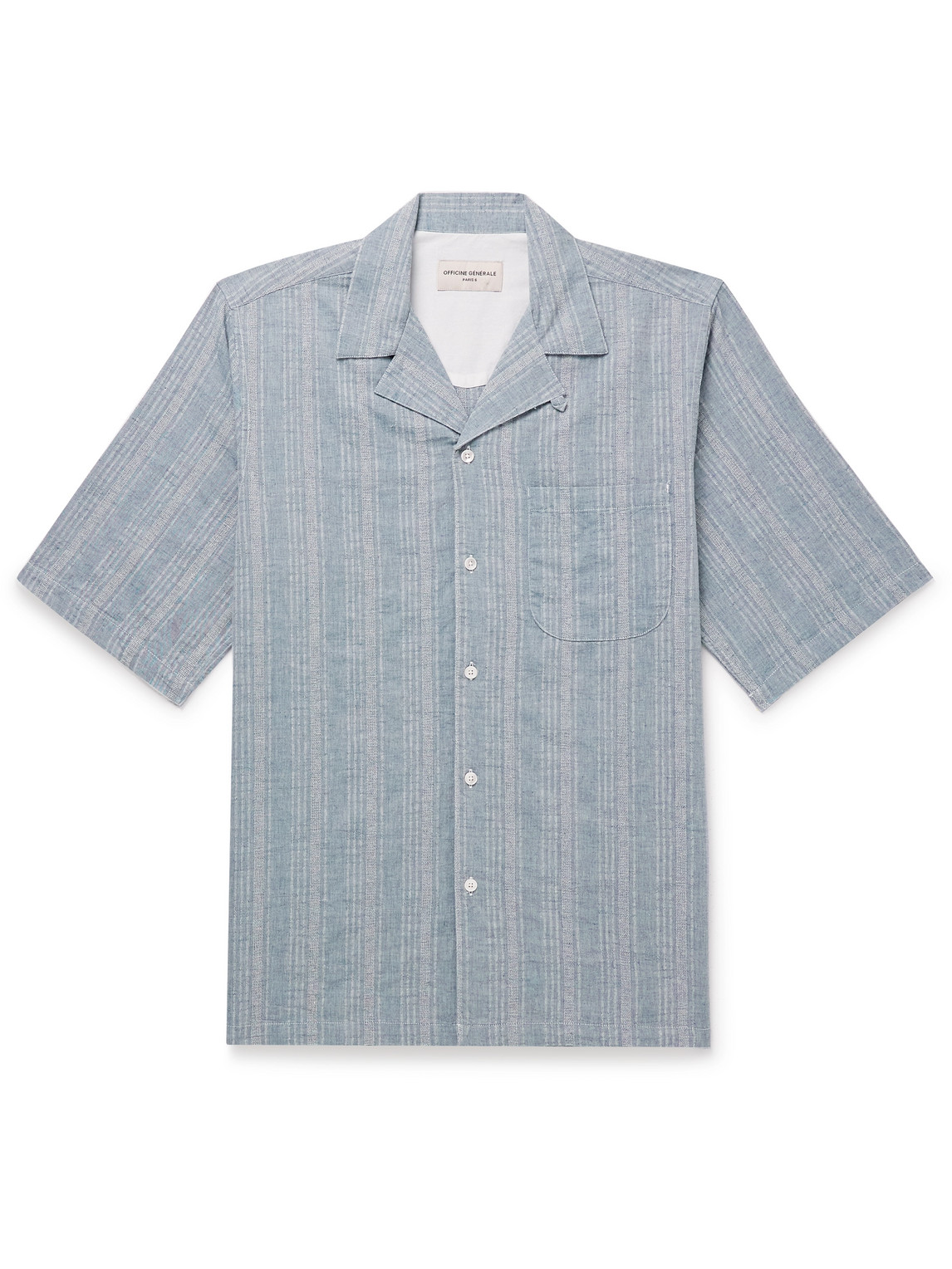 Officine Generale Luis Convertible-collar Striped Cotton And Linen-blend Shirt In Blue