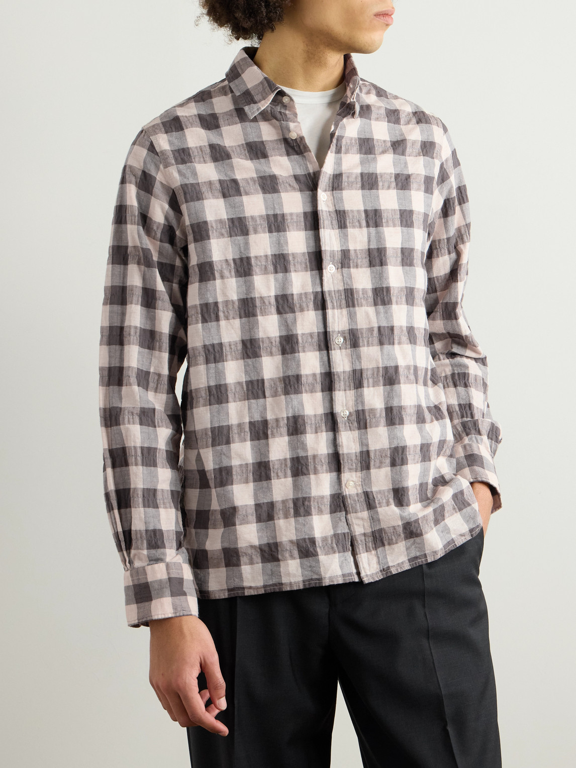 OFFICINE GENERALE ALEX CHECKED CRINKLED COTTON-BLEND SHIRT