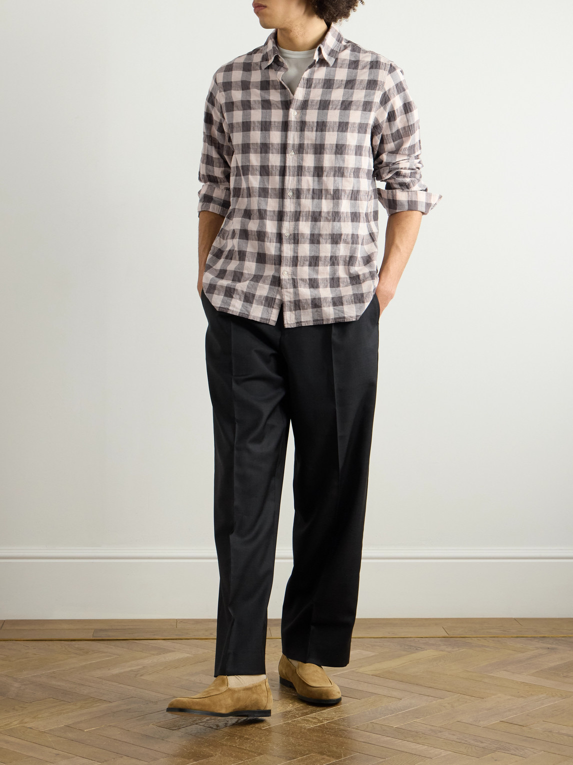 OFFICINE GENERALE ALEX CHECKED CRINKLED COTTON-BLEND SHIRT