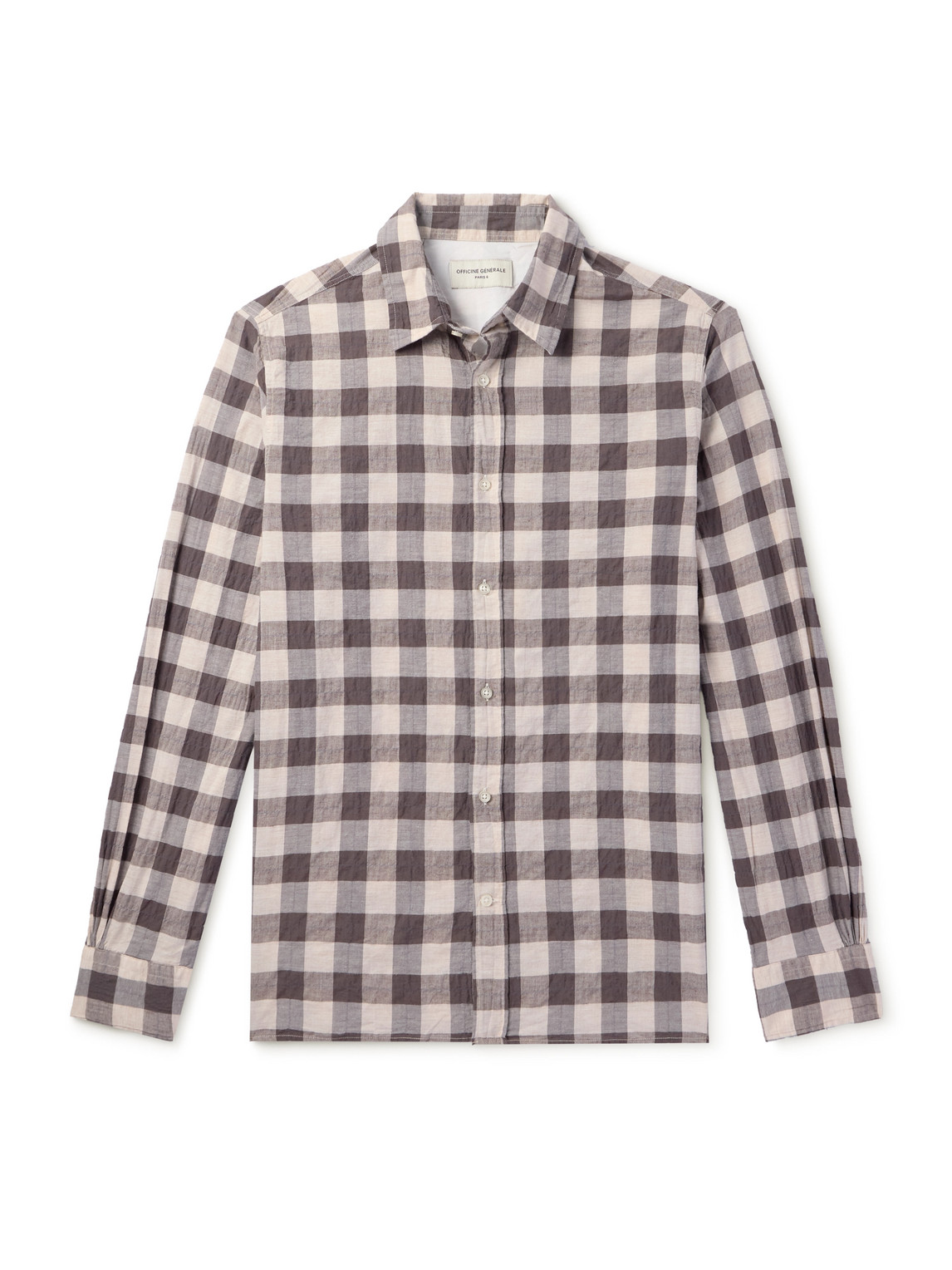 Officine Generale Alex Checked Crinkled Cotton-blend Shirt In Brown