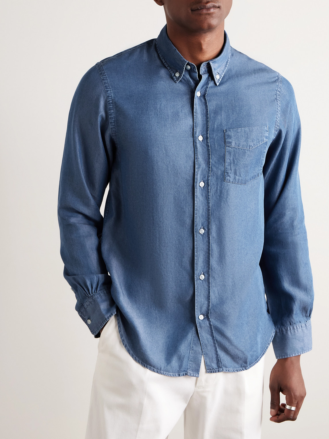 Officine Generale Bart Button-down Collar Washed Lyocell-chambray Shirt In Blue
