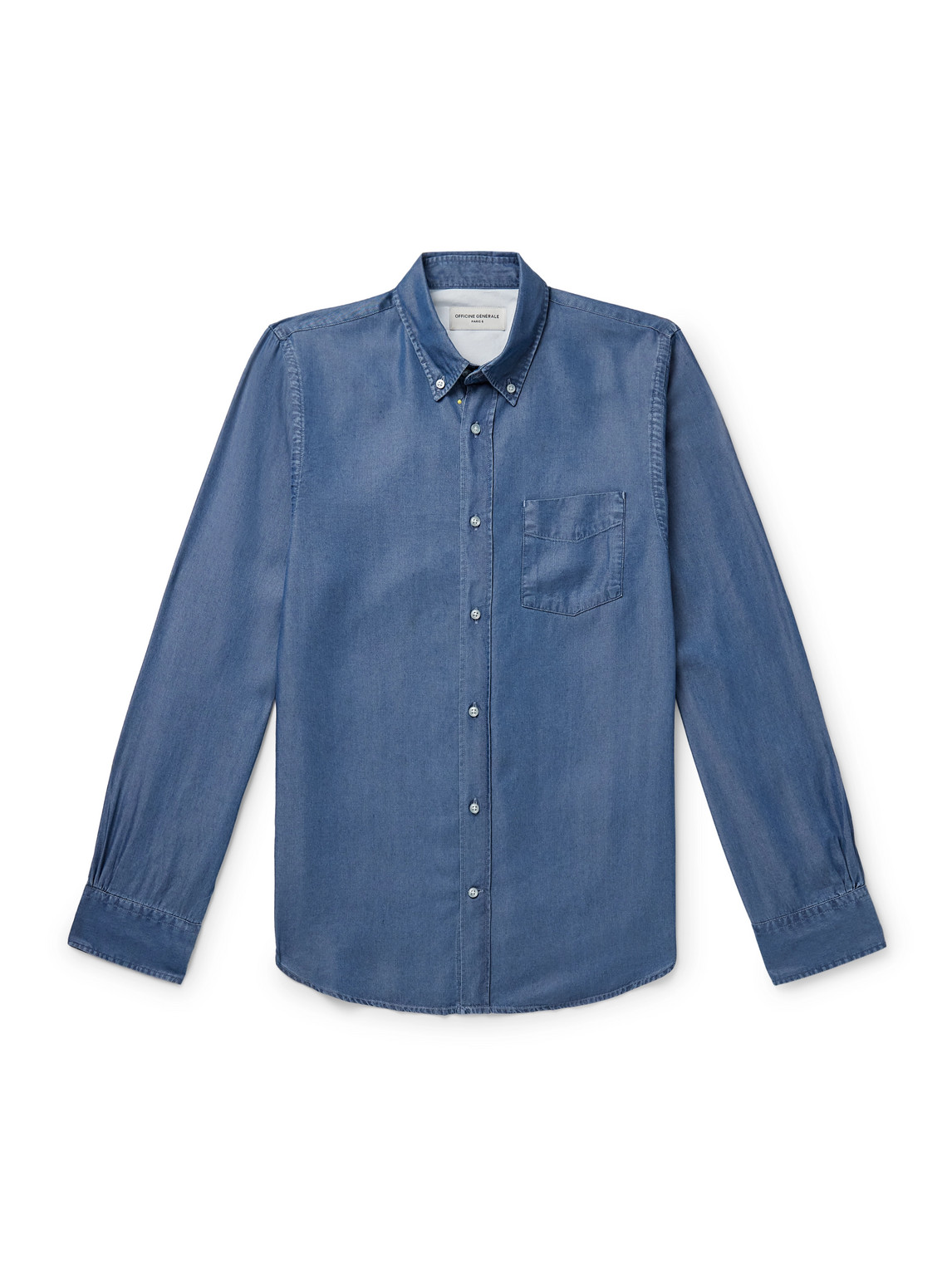 Officine Generale Bart Button-down Collar Washed Lyocell-chambray Shirt In Blue
