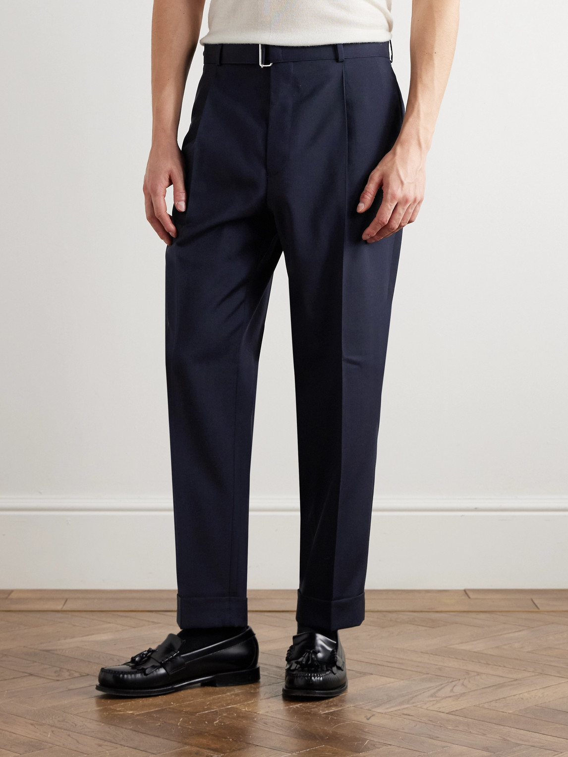 Shop Officine Generale Hugo Straight-leg Belted Virgin Wool Suit Trousers In Blue