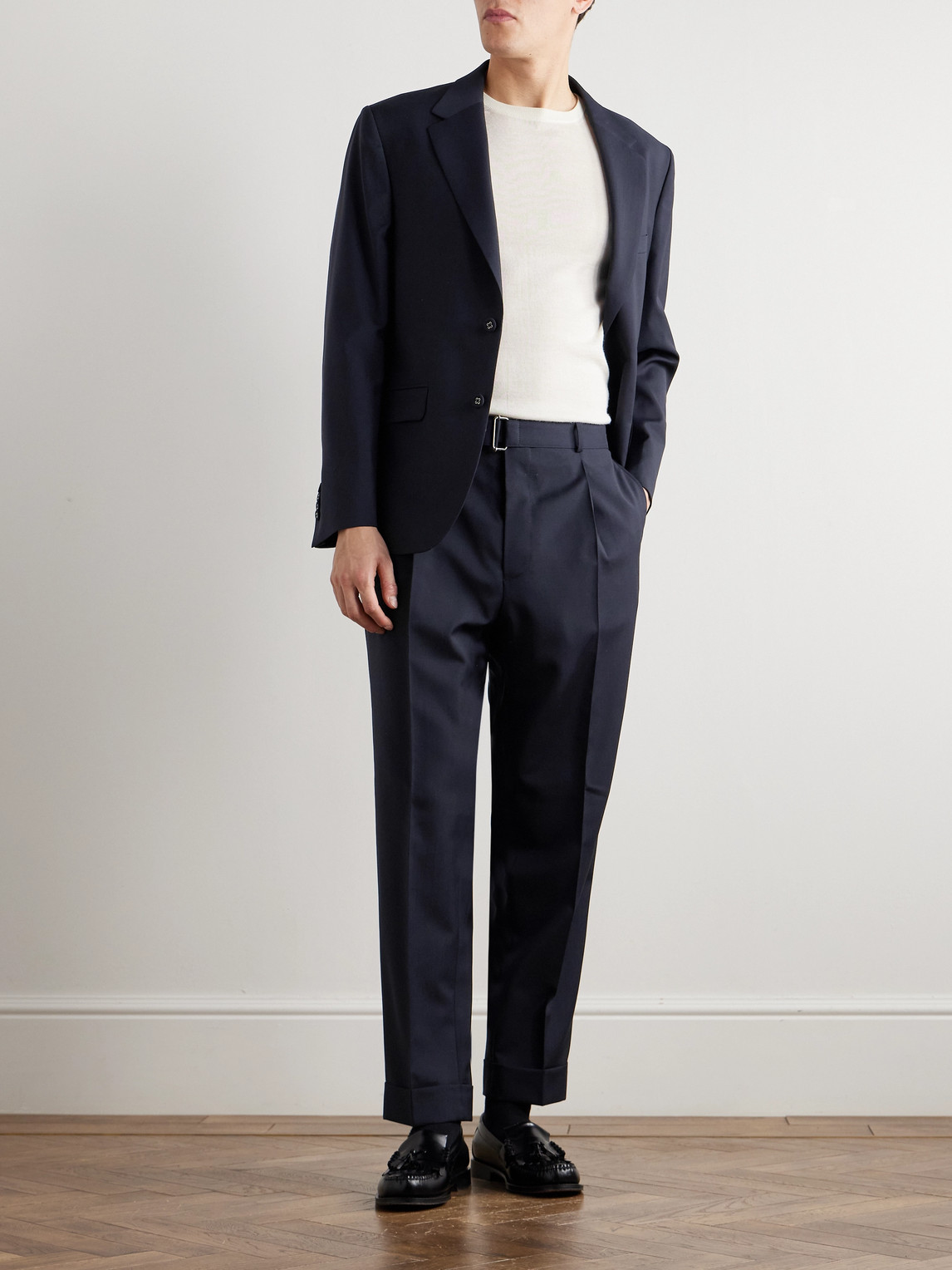 Shop Officine Generale Hugo Straight-leg Belted Virgin Wool Suit Trousers In Blue
