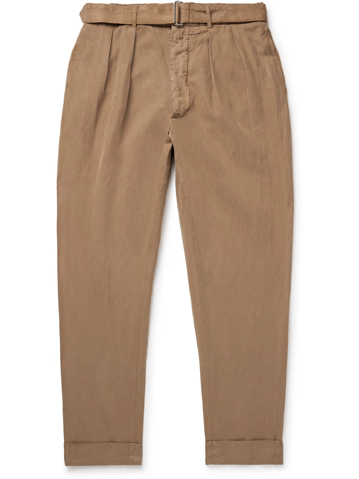 Officine Generale Pierre Tapered Pleated Belted Garment-dyed Lyocell, Linen And Cotton-blend Trousers In Brown