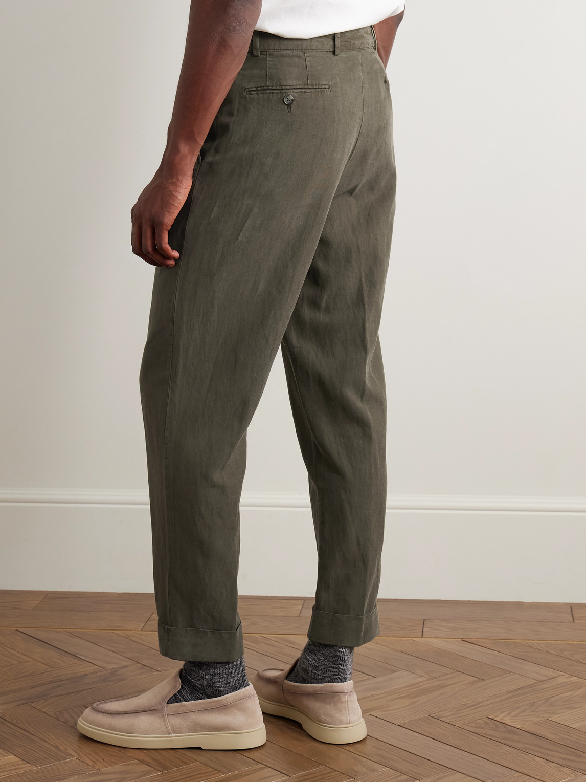 Officine Generale Hugo Straight-leg Belted Pleated Garment-dyed Lyocell, Linen And Cotton-blend Trousers In Green