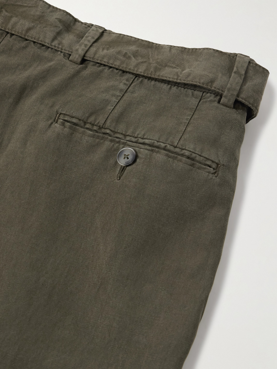 Officine Generale Hugo Straight-leg Belted Pleated Garment-dyed Lyocell, Linen And Cotton-blend Trousers In Green