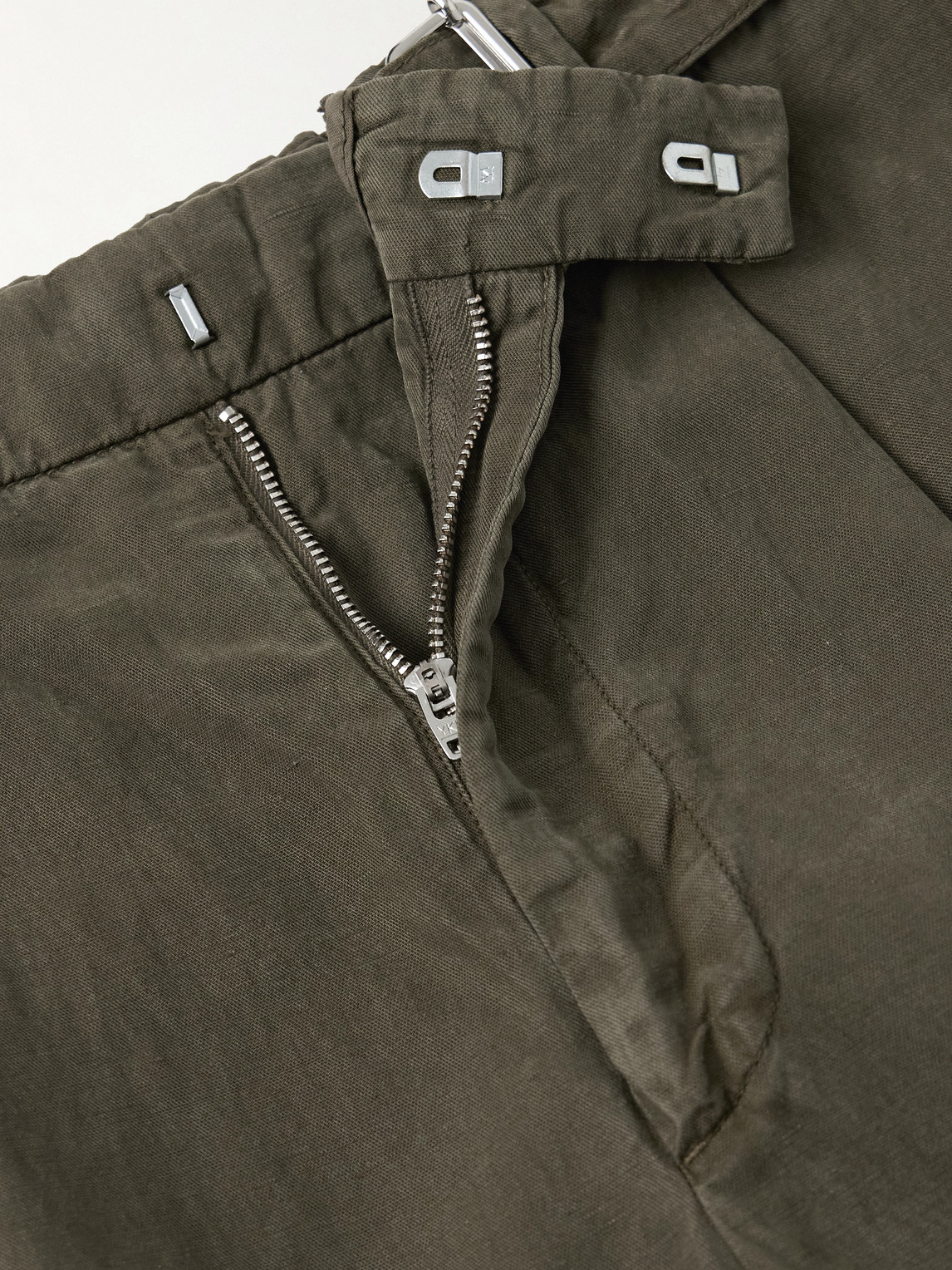 Officine Generale Hugo Straight-leg Belted Pleated Garment-dyed Lyocell, Linen And Cotton-blend Trousers In Green
