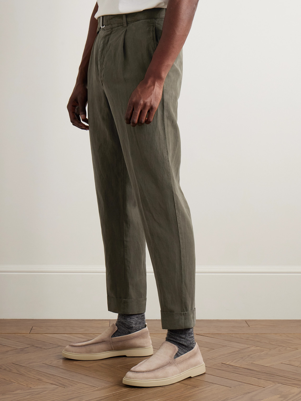 Officine Generale Hugo Straight-leg Belted Pleated Garment-dyed Lyocell, Linen And Cotton-blend Trousers In Green