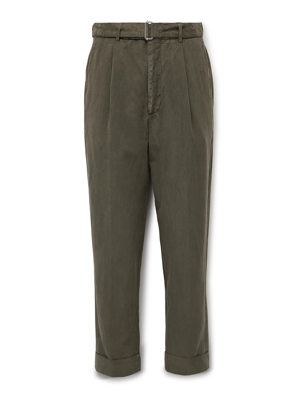 Officine Generale Hugo Straight-leg Belted Pleated Garment-dyed Lyocell, Linen And Cotton-blend Trousers In Green