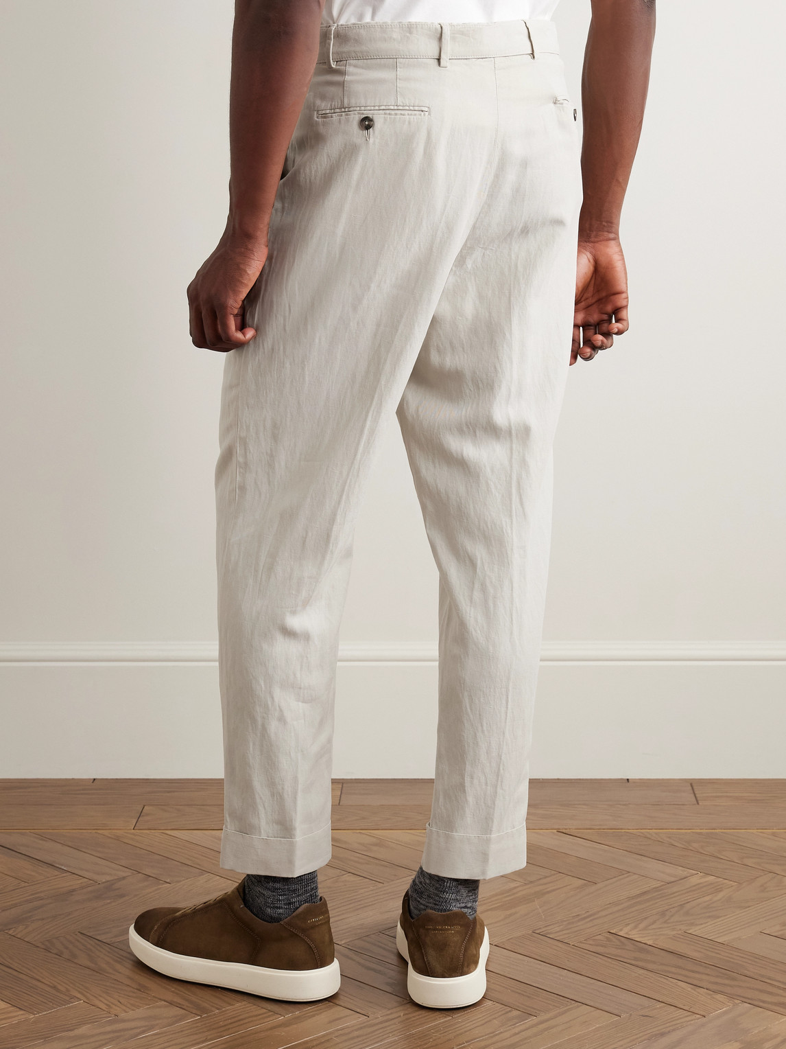 Shop Officine Generale Hugo Straight-leg Belted Pleated Garment-dyed Lyocell, Linen And Cotton-blend Trousers In Neutrals
