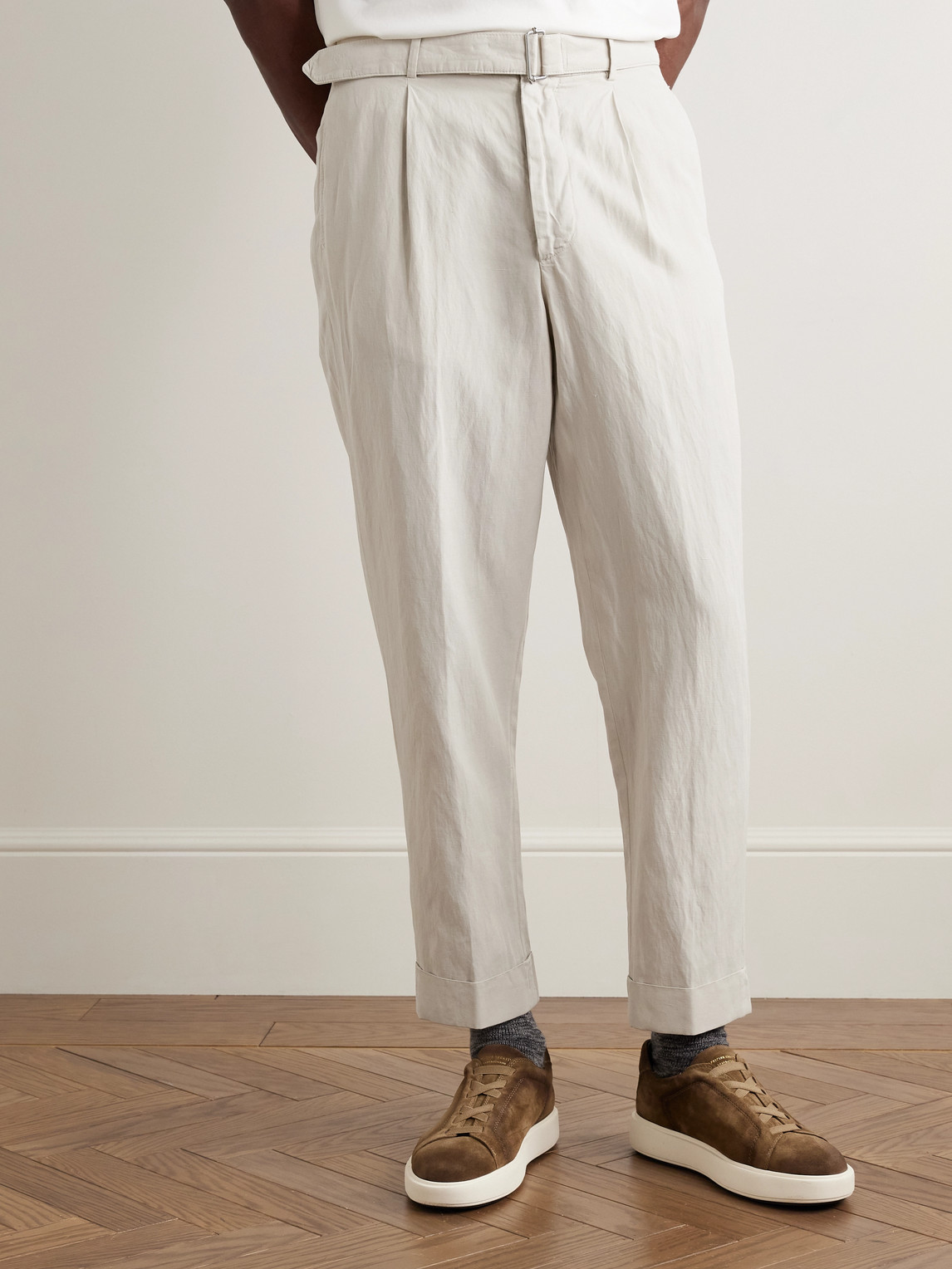Shop Officine Generale Hugo Straight-leg Belted Pleated Garment-dyed Lyocell, Linen And Cotton-blend Trousers In Neutrals