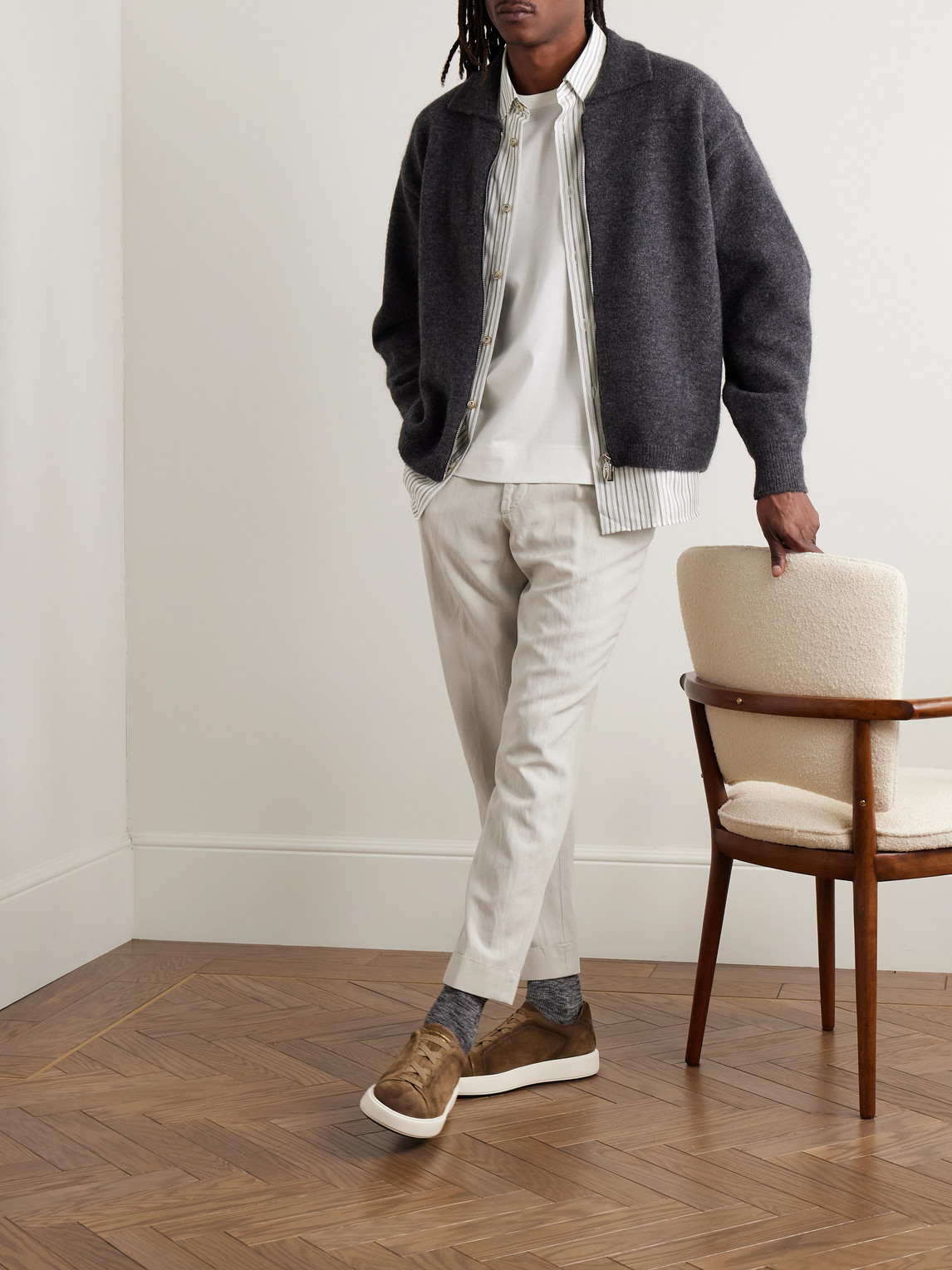 Shop Officine Generale Hugo Straight-leg Belted Pleated Garment-dyed Lyocell, Linen And Cotton-blend Trousers In Neutrals
