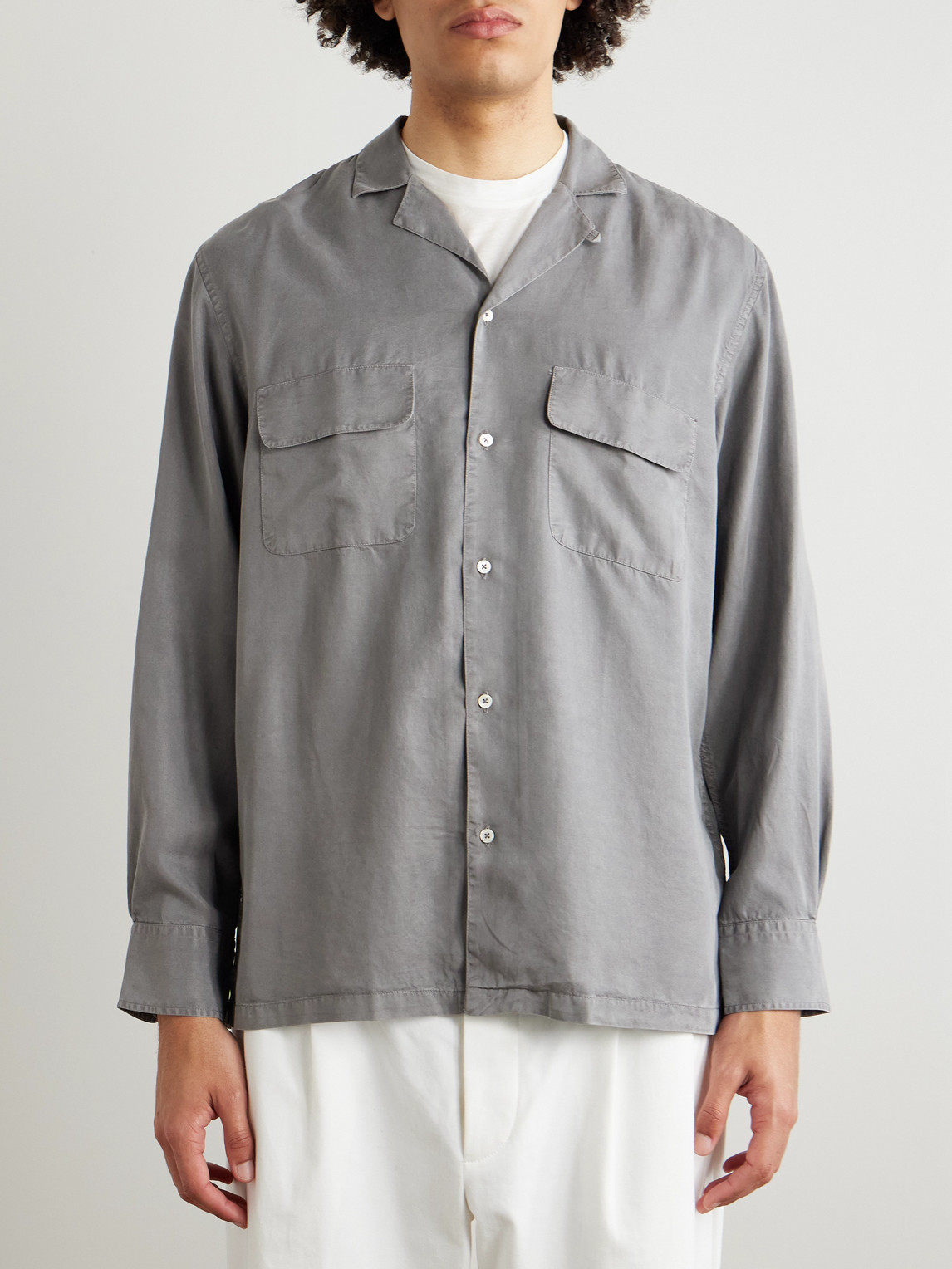 Shop Officine Generale Leto Convertible-collar Lyocell-twill Shirt In Gray