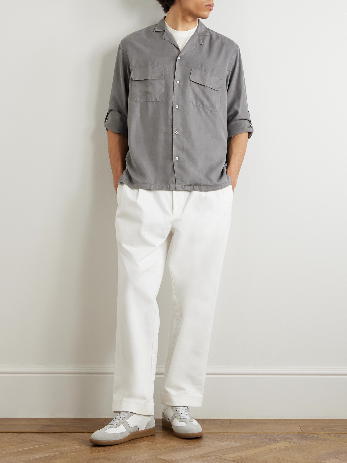 Shop Officine Generale Leto Convertible-collar Lyocell-twill Shirt In Gray