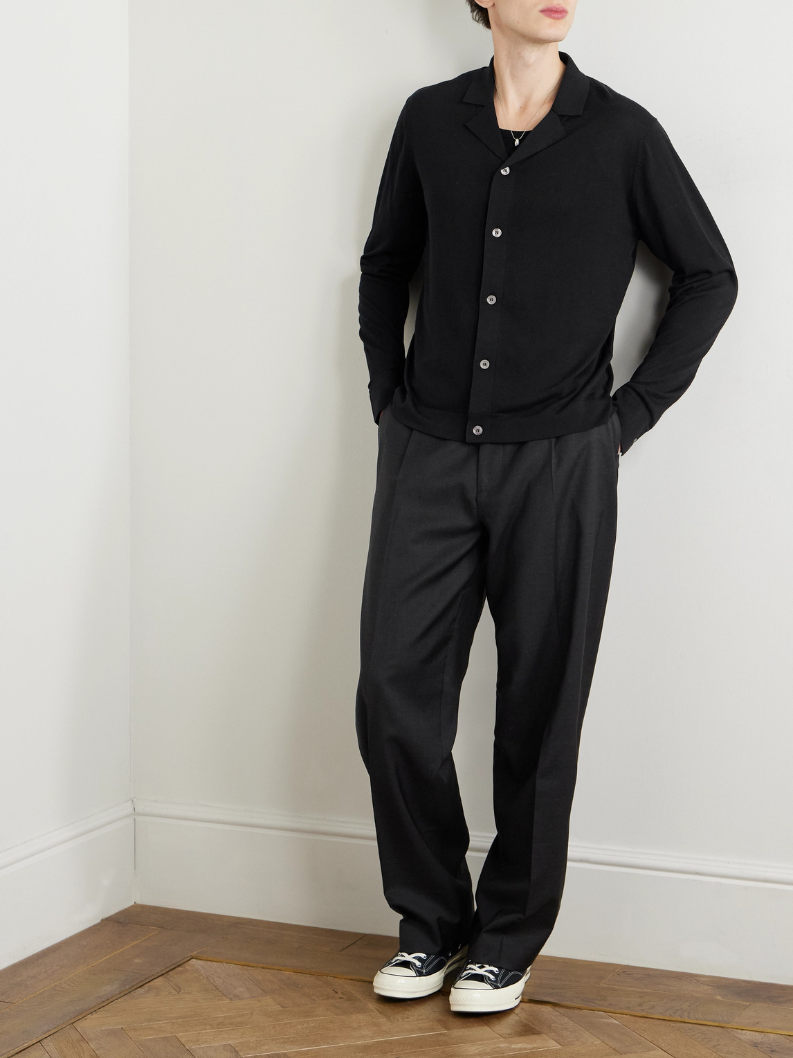 Shop Officine Generale Keaton Camp-collar Lyocell, Cotton And Silk-blend Cardigan In Black