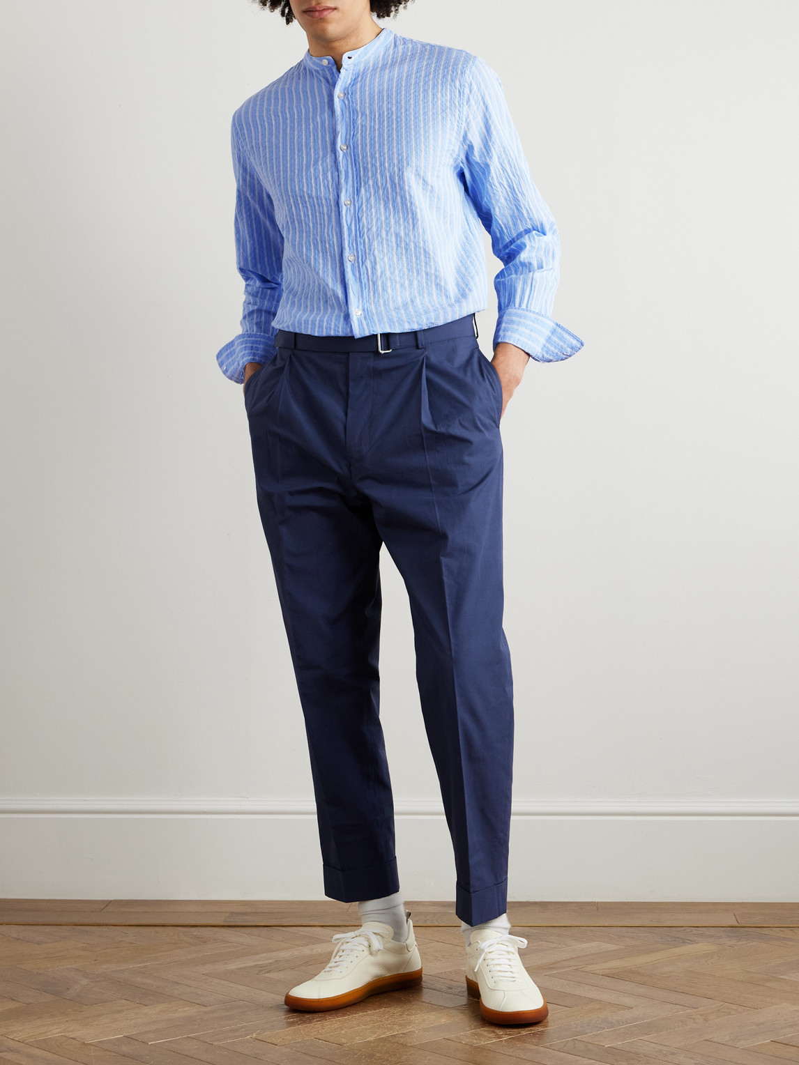 OFFICINE GENERALE GASTON GRANDDAD-COLLAR STRIPED COTTON SHIRT