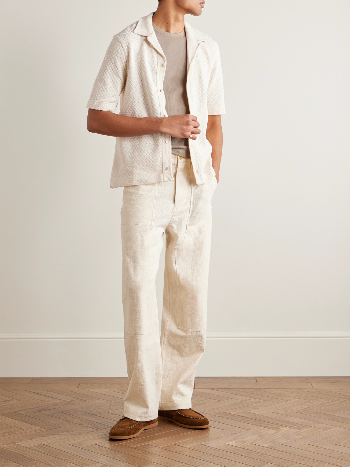 OFFICINE GENERALE KAI CAMP-COLLAR POINTELLE-KNIT COTTON SHIRT