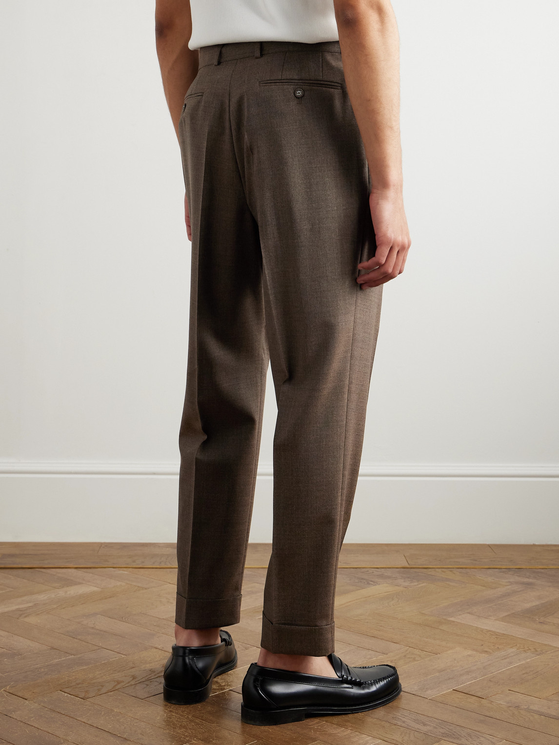 Officine Generale Hugo Tapered Belted Pleated Virgin Wool Suit Trousers In Brown