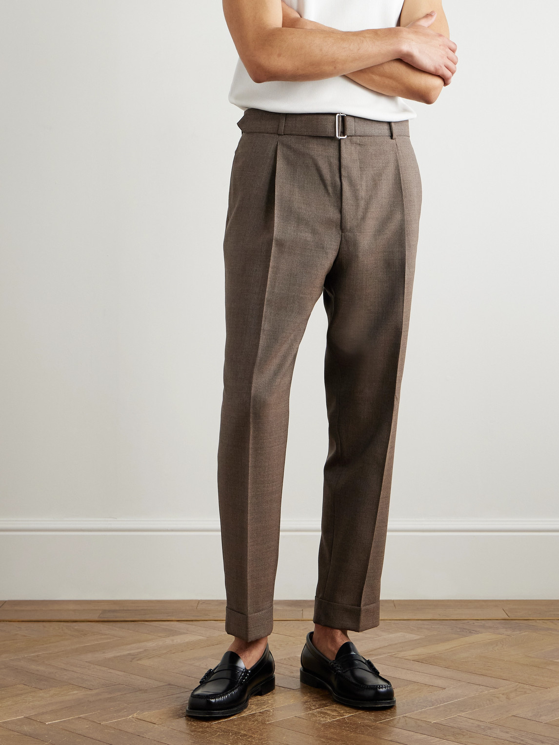 Officine Generale Hugo Tapered Belted Pleated Virgin Wool Suit Trousers In Brown
