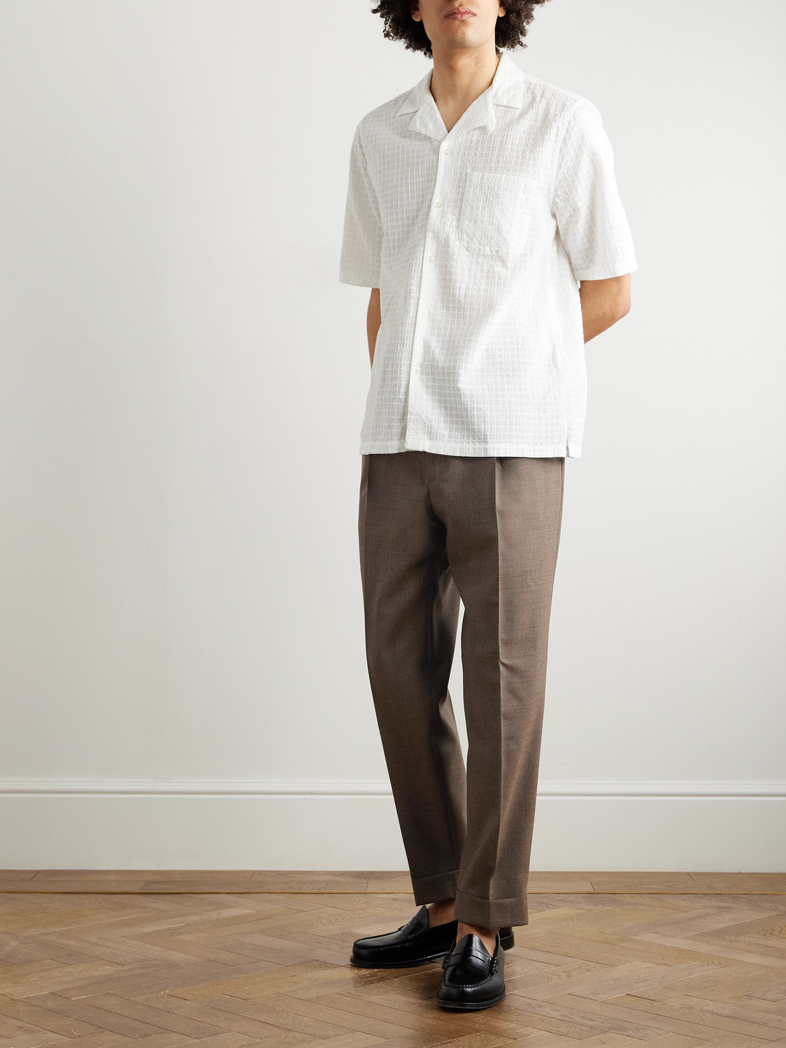 Officine Generale Hugo Tapered Belted Pleated Virgin Wool Suit Trousers In Brown
