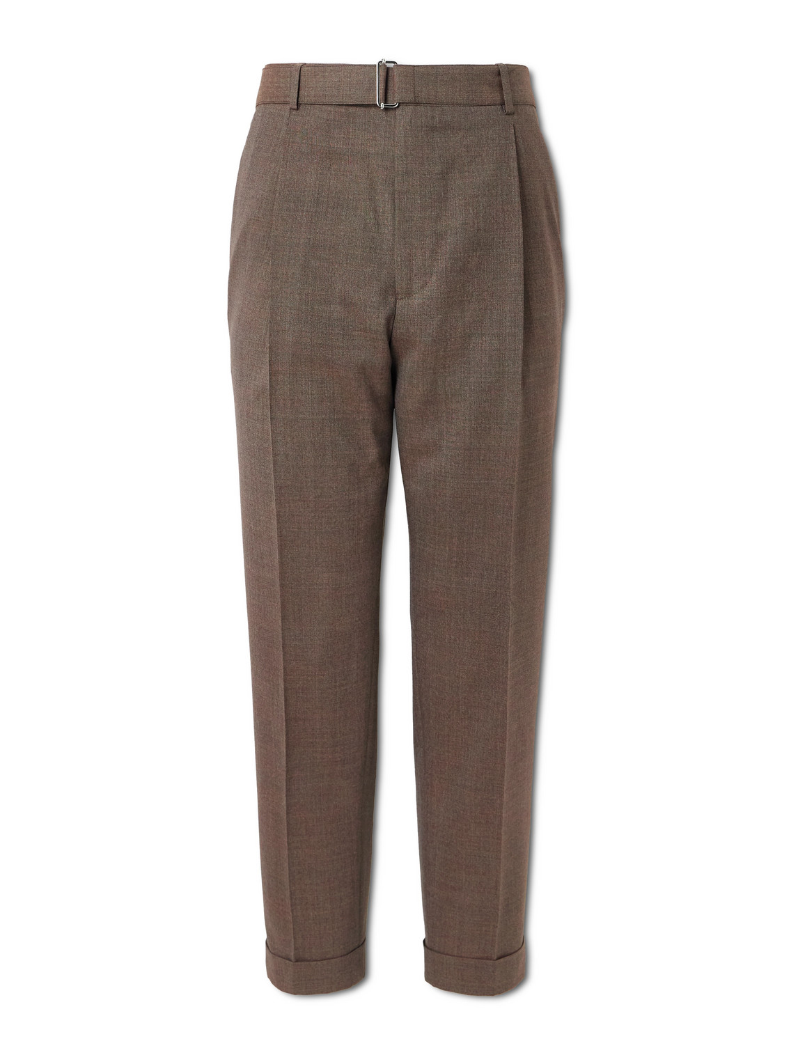 Officine Generale Hugo Tapered Belted Pleated Virgin Wool Suit Trousers In Brown