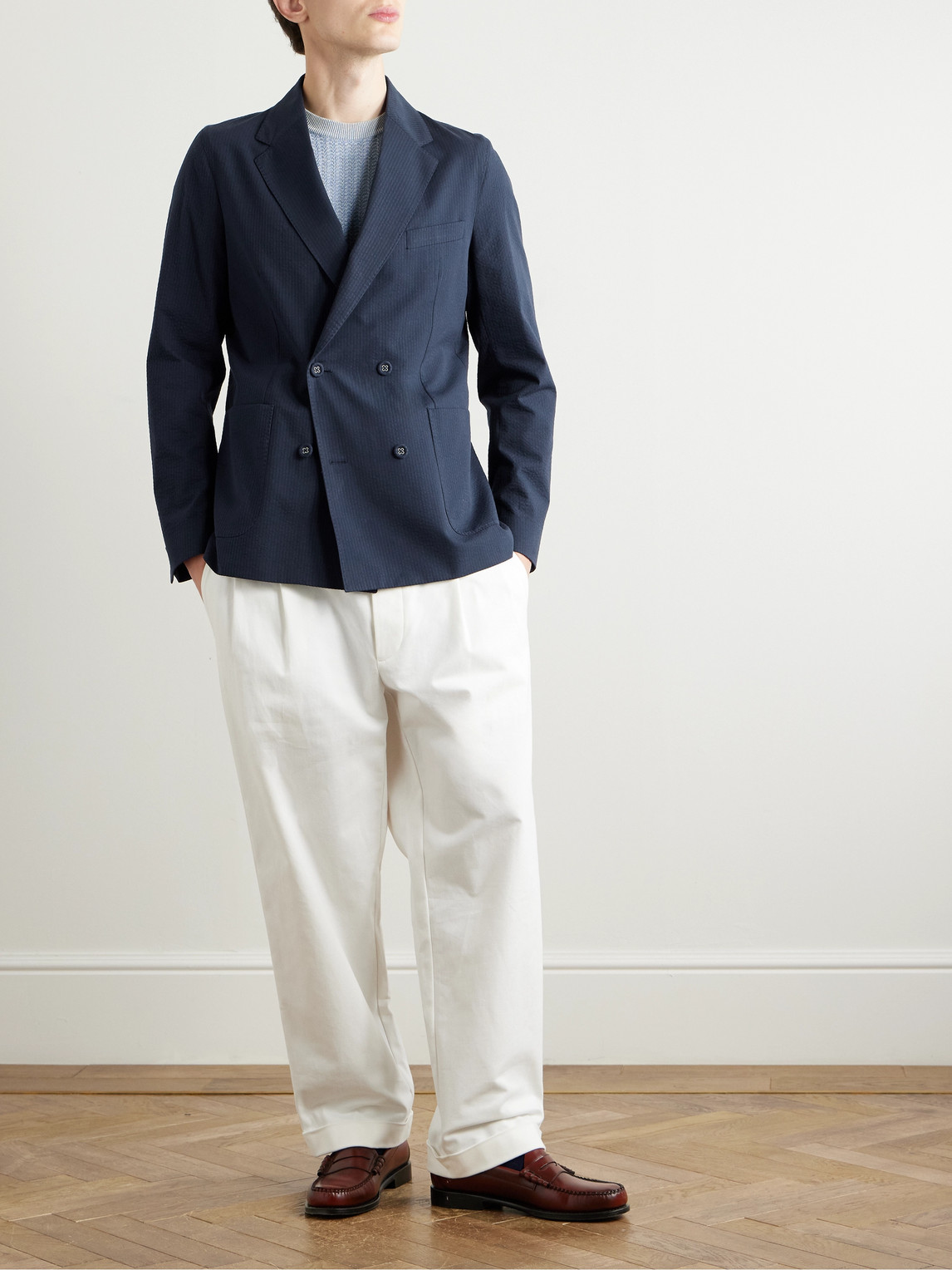 OFFICINE GENERALE LEON DOUBLE-BREASTED STRIPED COTTON-SEERSUCKER JACKET