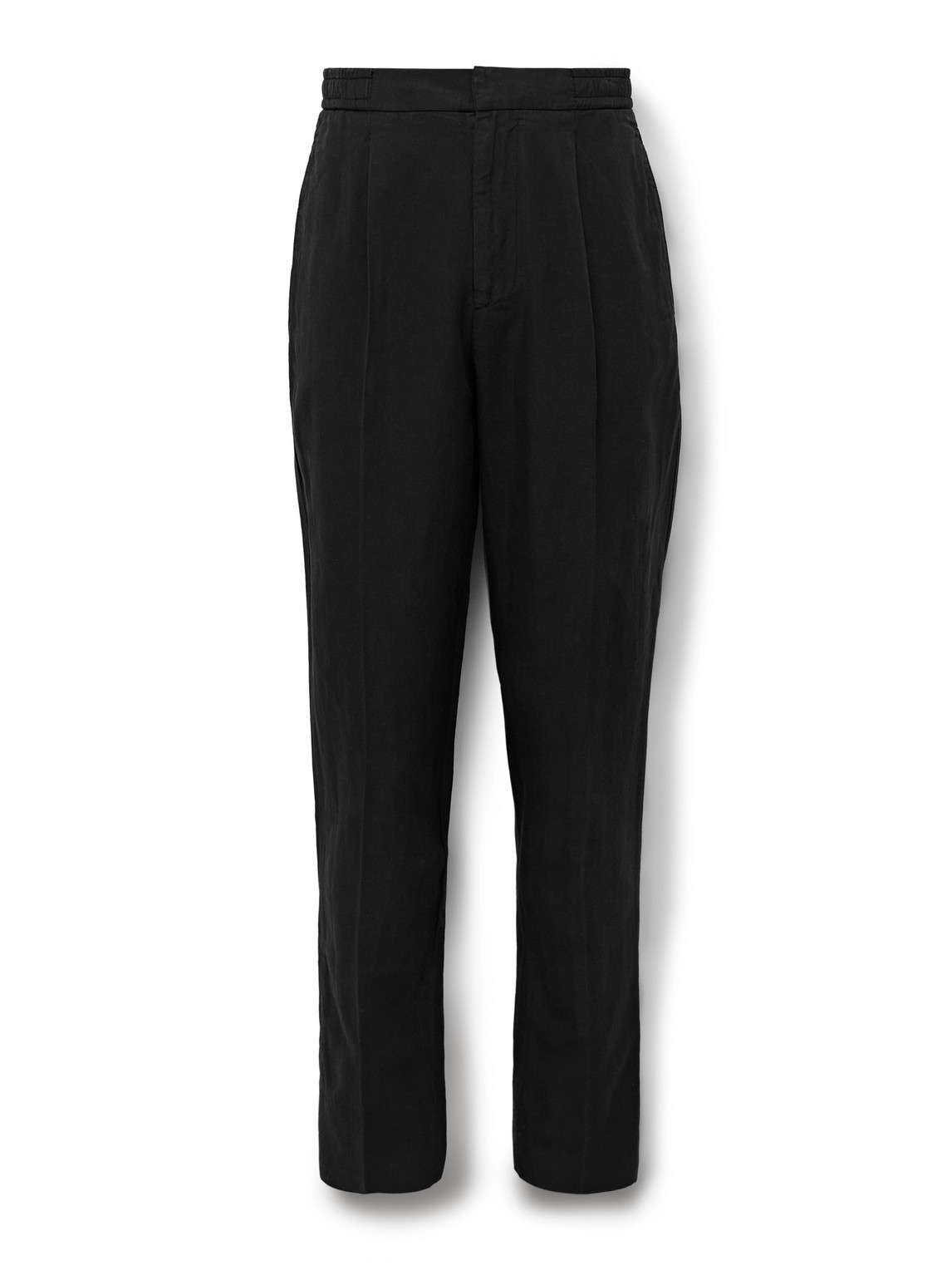 Officine Generale Drew Tapered Pleated Garment-dyed Lyocell-blend Trousers In Black