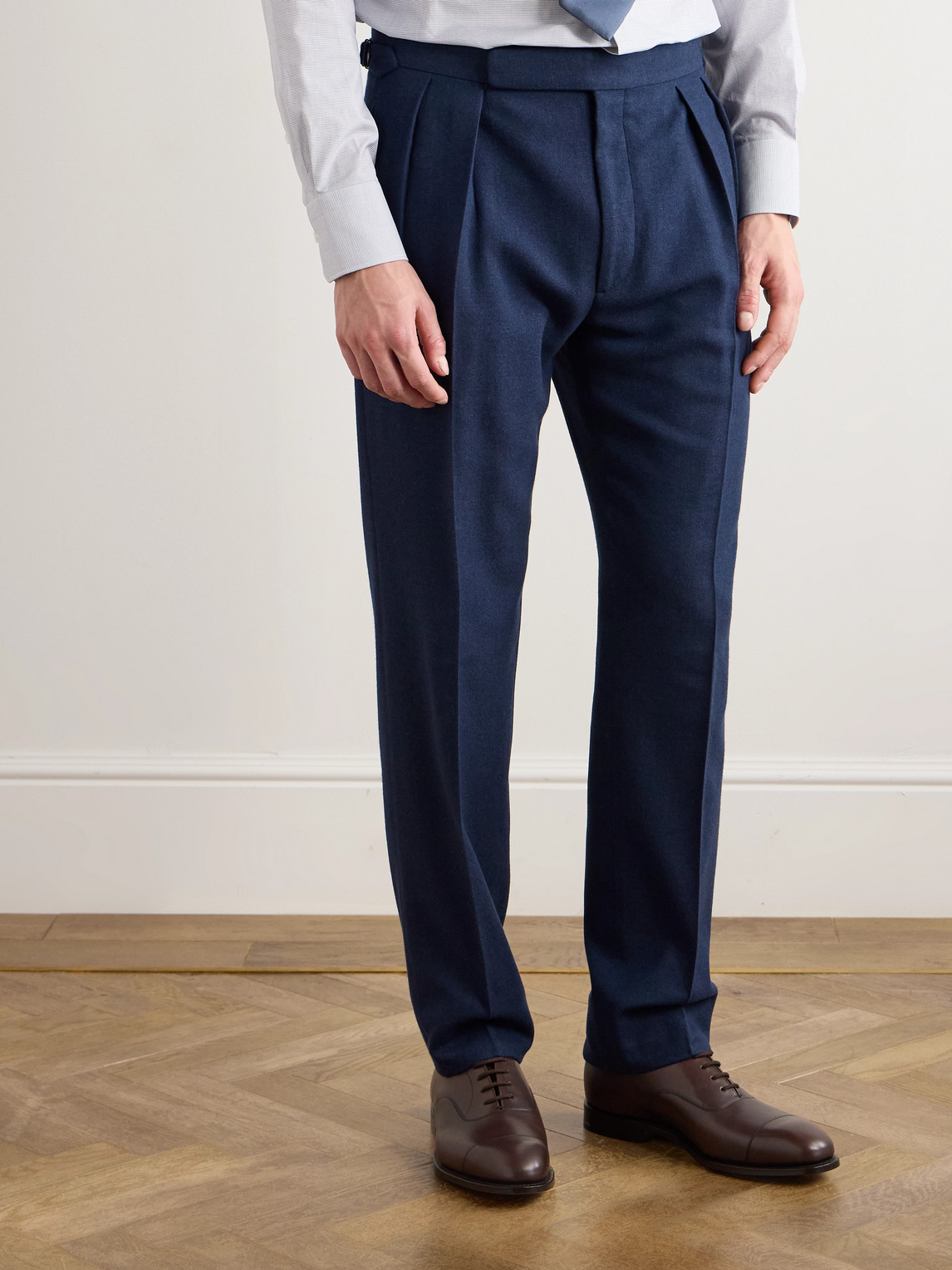Ralph Lauren Wool-silk Herringbone Tailored Trousers In Blue