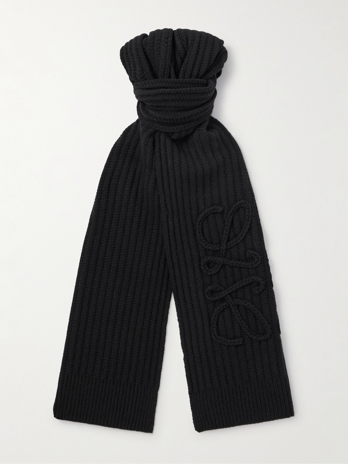 Loewe Anagram Embroidered Ribbed Wool Scarf In Black