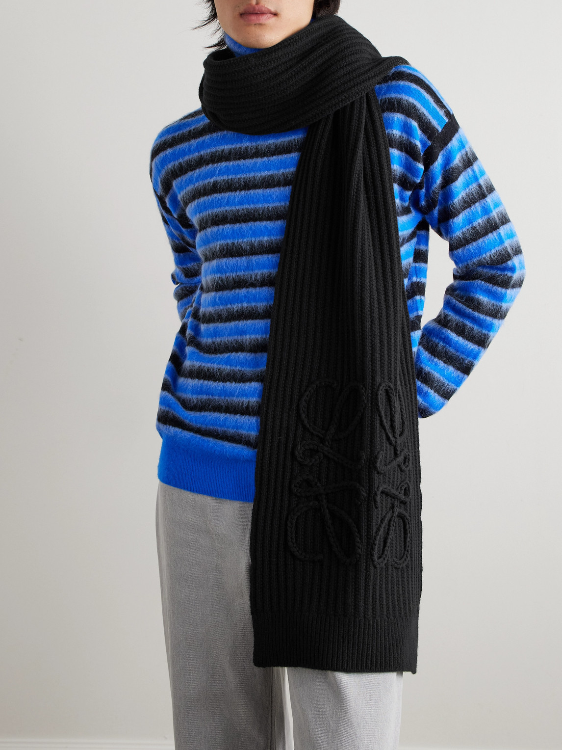 Loewe Anagram Embroidered Ribbed Wool Scarf In Black