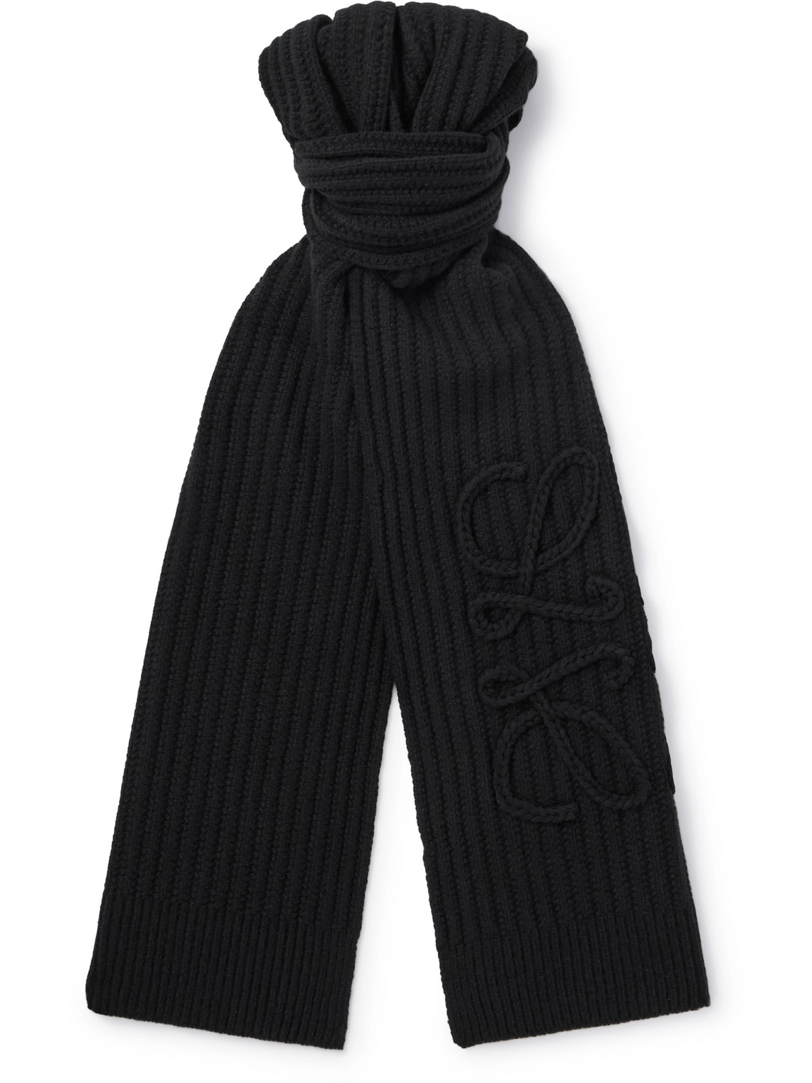 Loewe Anagram Embroidered Ribbed Wool Scarf In Black