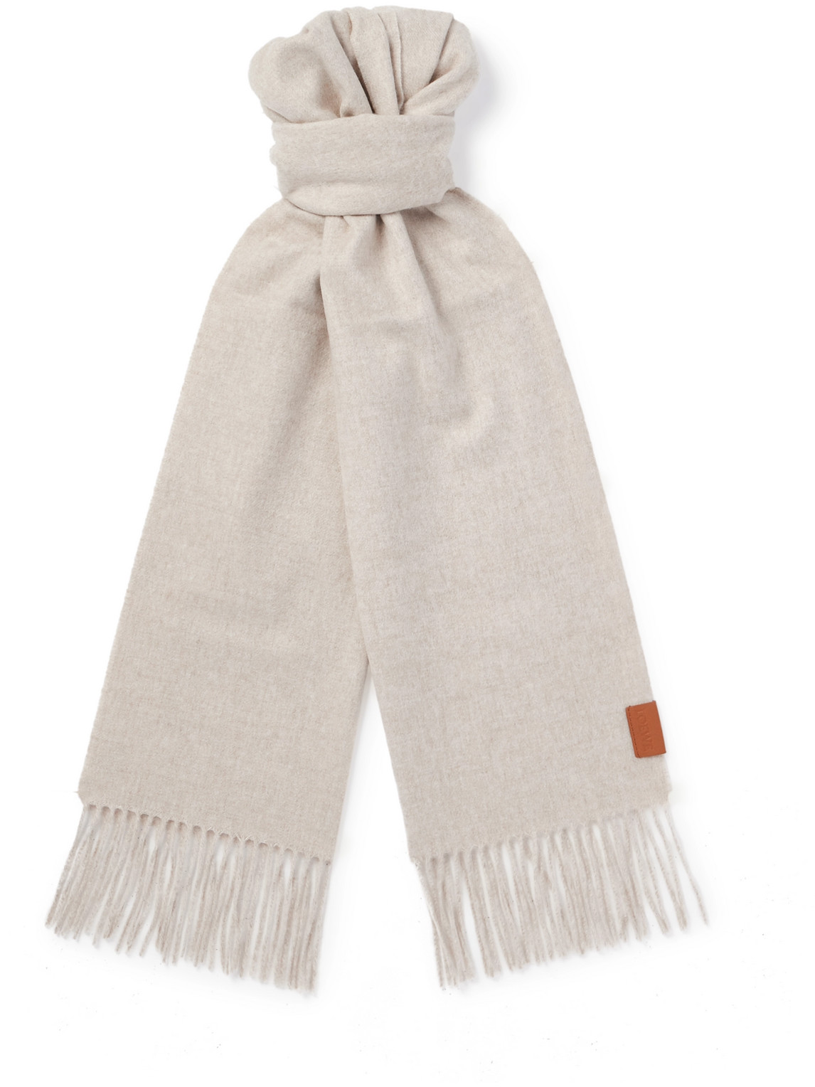 Loewe Logo-appliquéd Fringed Cashmere Scarf In Neutral