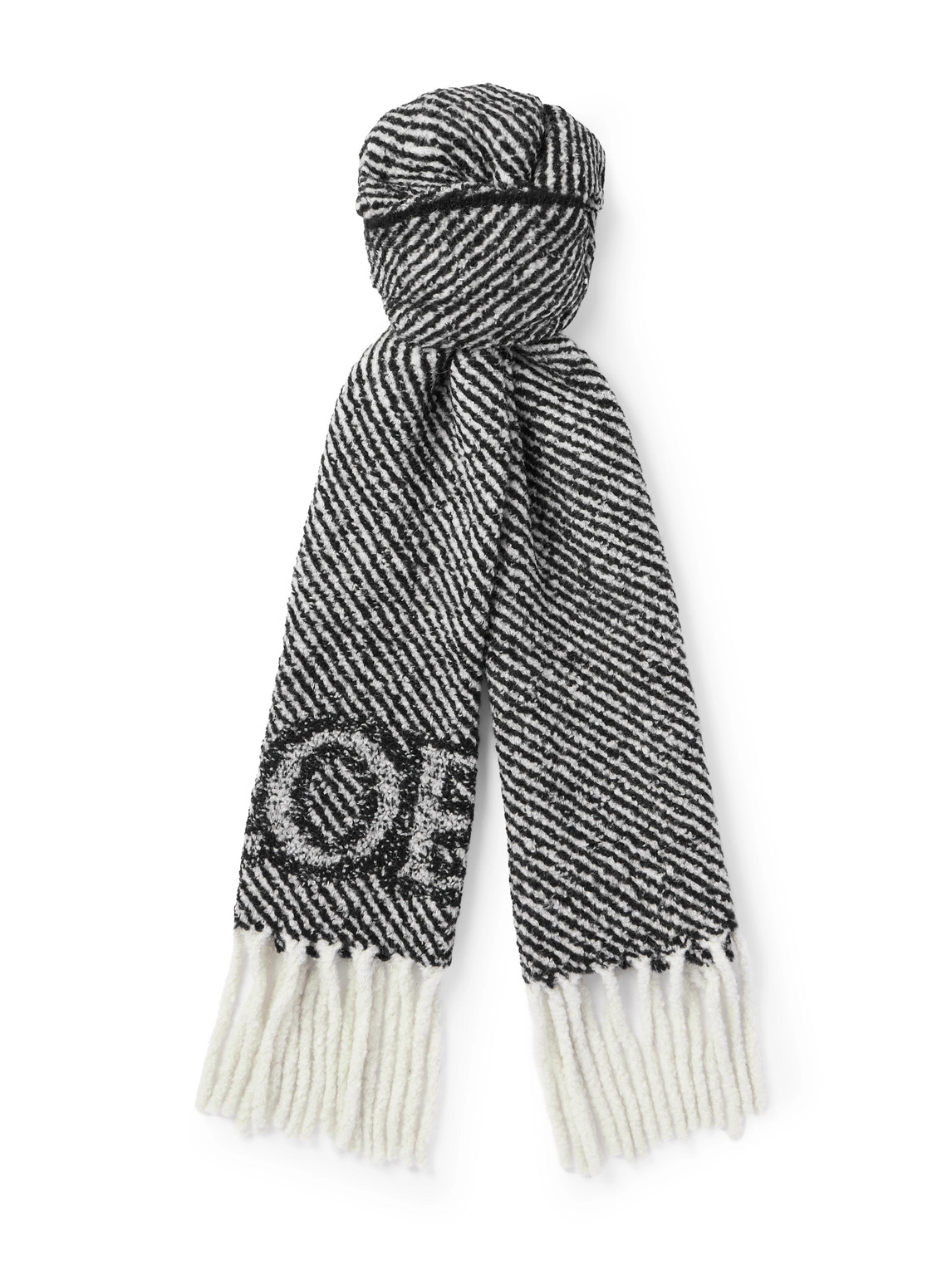 Loewe Fringed Logo-jacquard Striped Alpaca-blend Bouclé Scarf In Gray