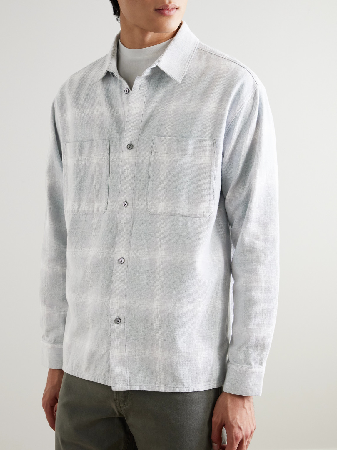 Frame Checked Cotton-flannel Overshirt In Gray