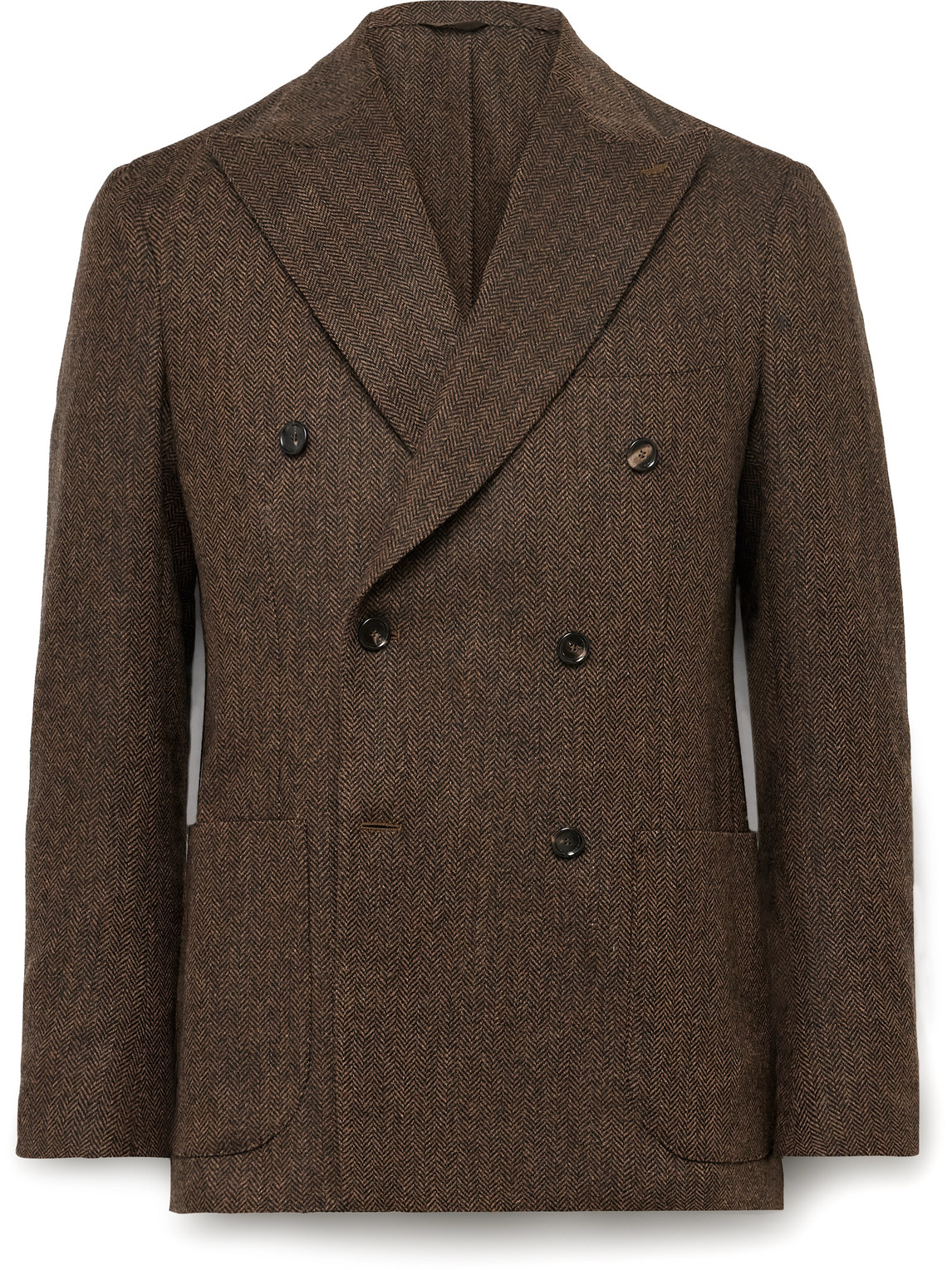 Unstructured Double-Breasted Herringbone Wool and Cashmere-Blend Blazer