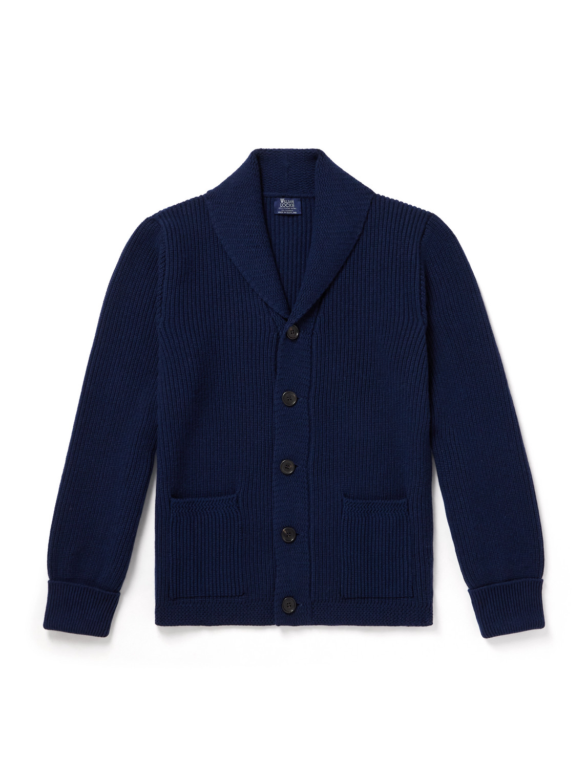 William Lockie Duncan Shawl-collar Ribbed Merino Wool And Cashmere-blend Cardigan In Blue