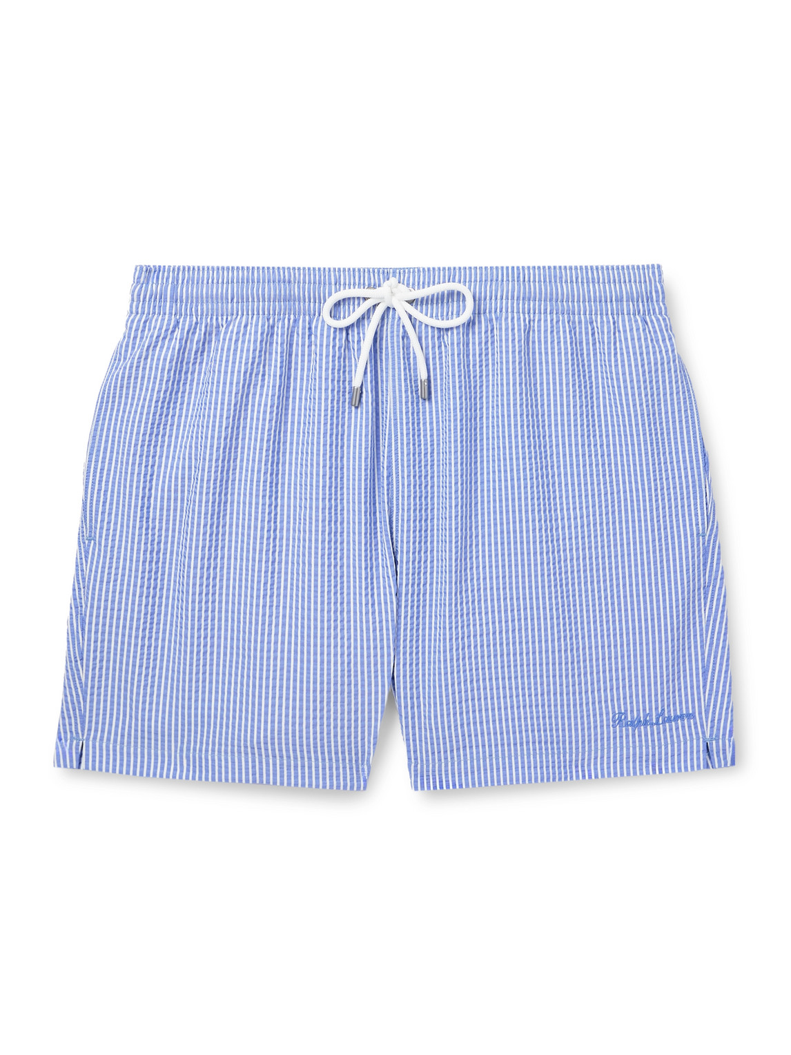 Amalfi Straight-Leg Mid-Length Striped Seersucker Swim Shorts