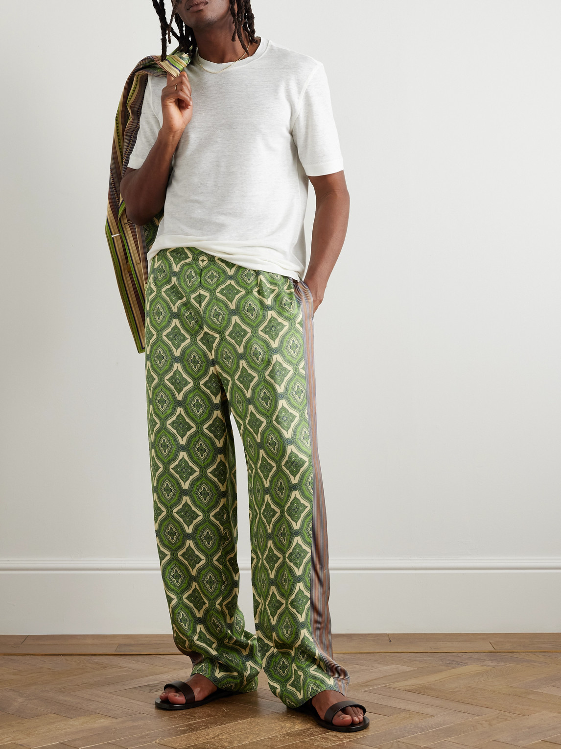 Etro Harlequin Straight-leg Pleated Striped Paisley-print Satin-twill Suit Trousers In Green