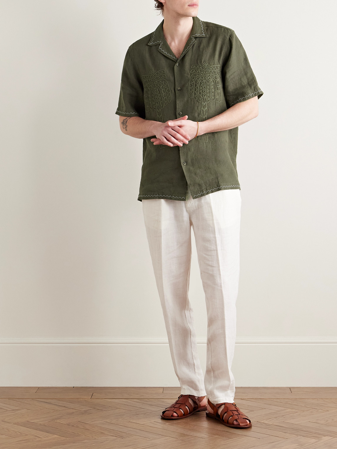 Shop Frescobol Carioca Flavio Camp-collar Embroidered Linen Shirt