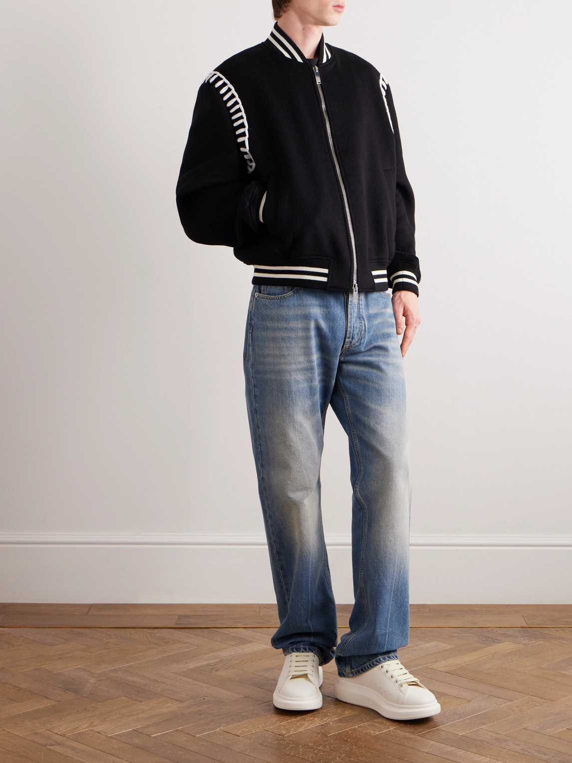 Alexander Mcqueen Embroidered Wool Bomber Jacket In Black